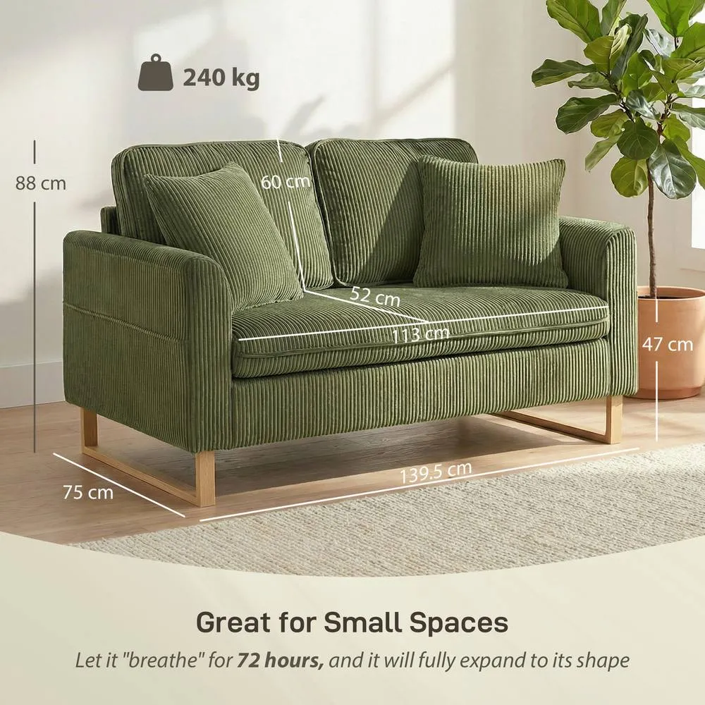 HOMCOM 2 Seater Sofa, Corduroy Sofa w/ Spring Cushions 2 Pillows, Dark Green 3