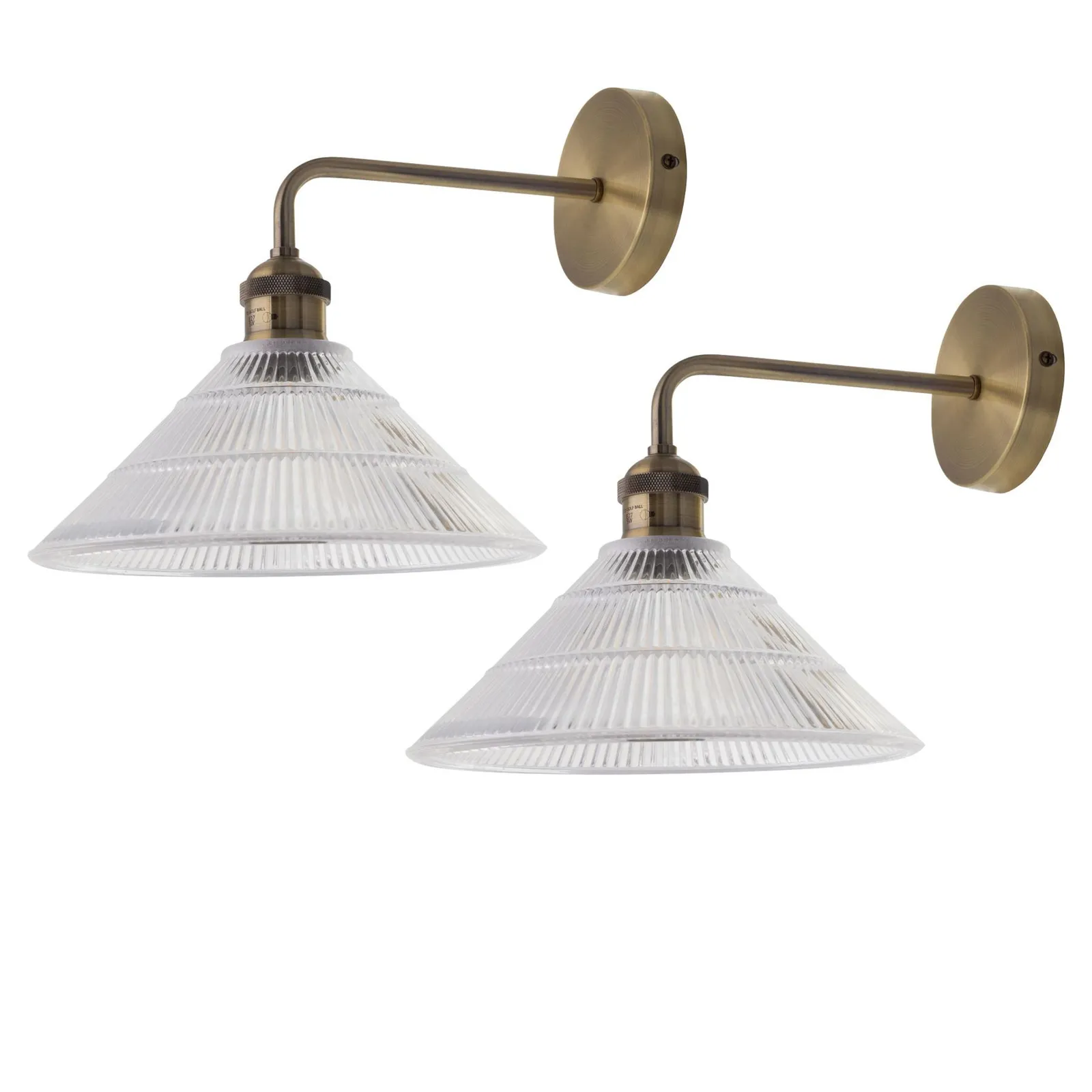 First Choice Lighting Set of 2 Isaac - Antique Brass Wall Lights with Fluted Glass Shades in Gold