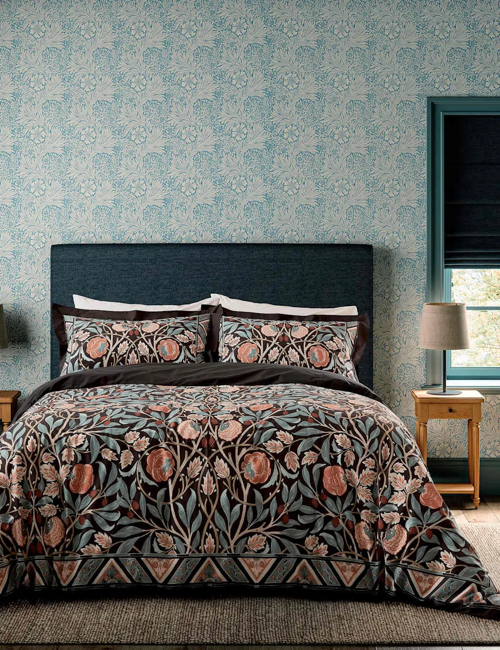 Morris & Co Pure Cotton Olive and Rose Bedding Set Indigo Mix