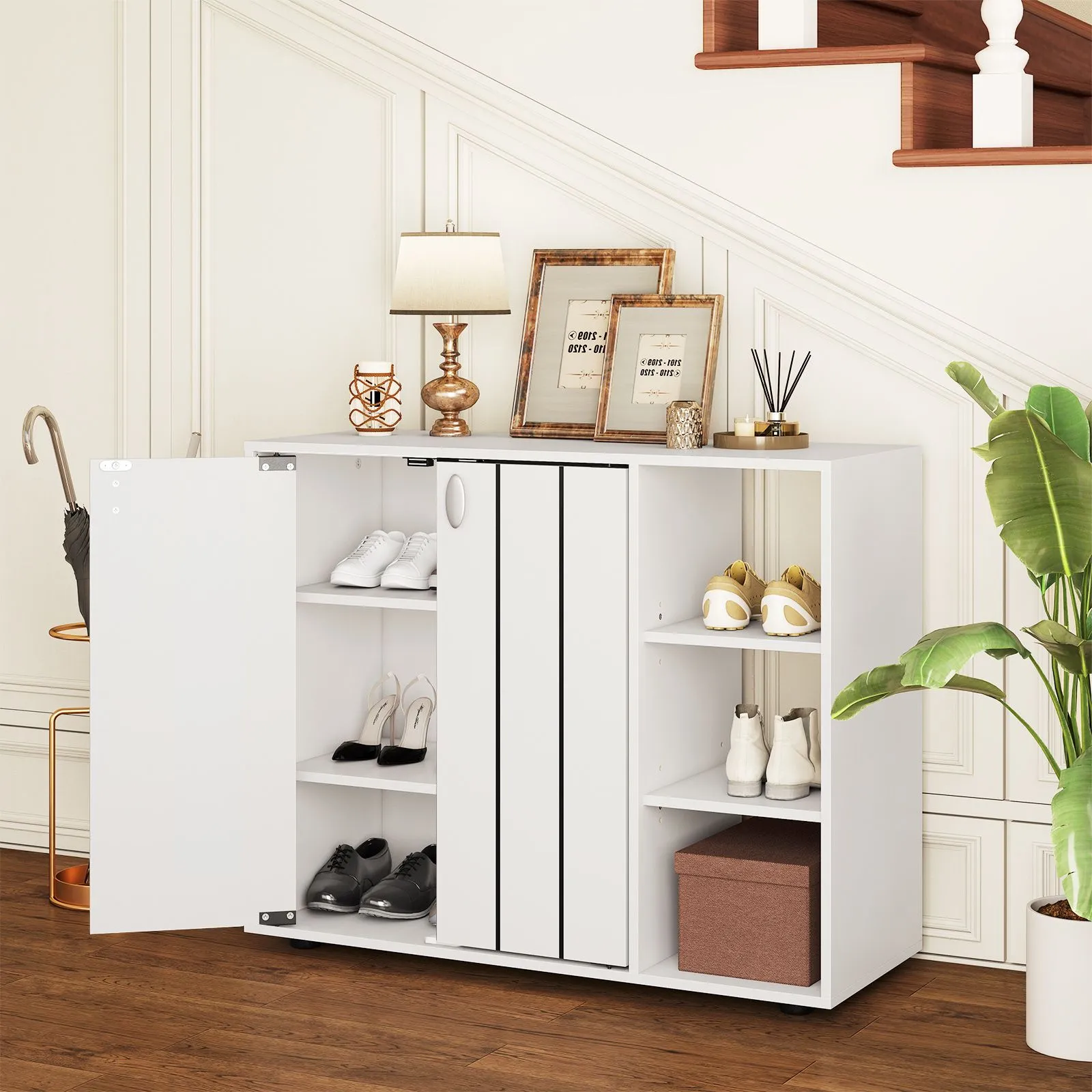Costway 3-Tier Shoe Storage Rack Shoe Cabinet with Doors in White 4