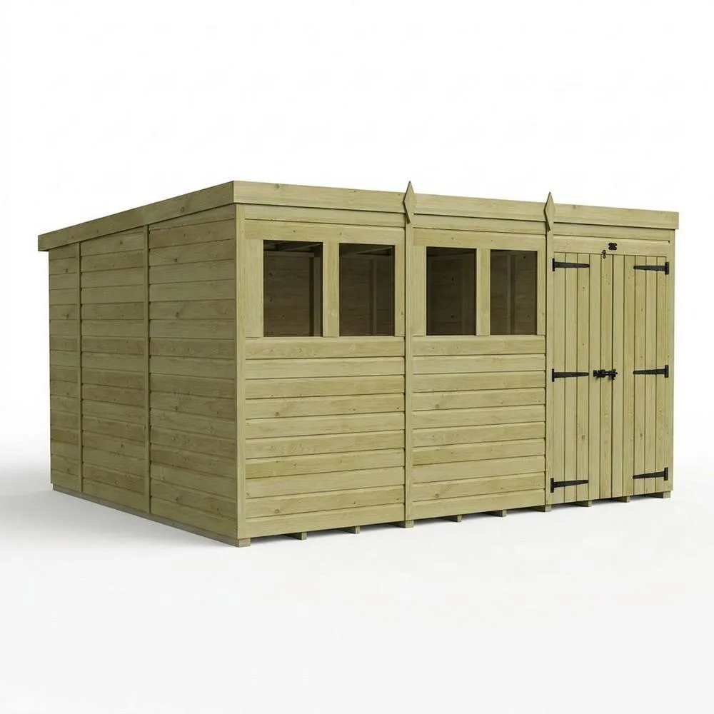 Buttercup Farm 12ft x 10ft Pent Garden Shed Double Door With Windows - Timber in Brown