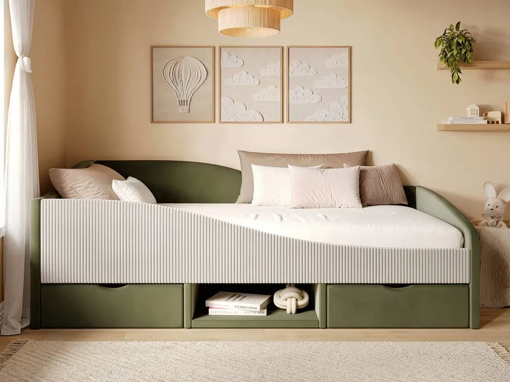Flair Aubrey Velvet Storage Low Sleeper Bed with Beige Cord in Green 3