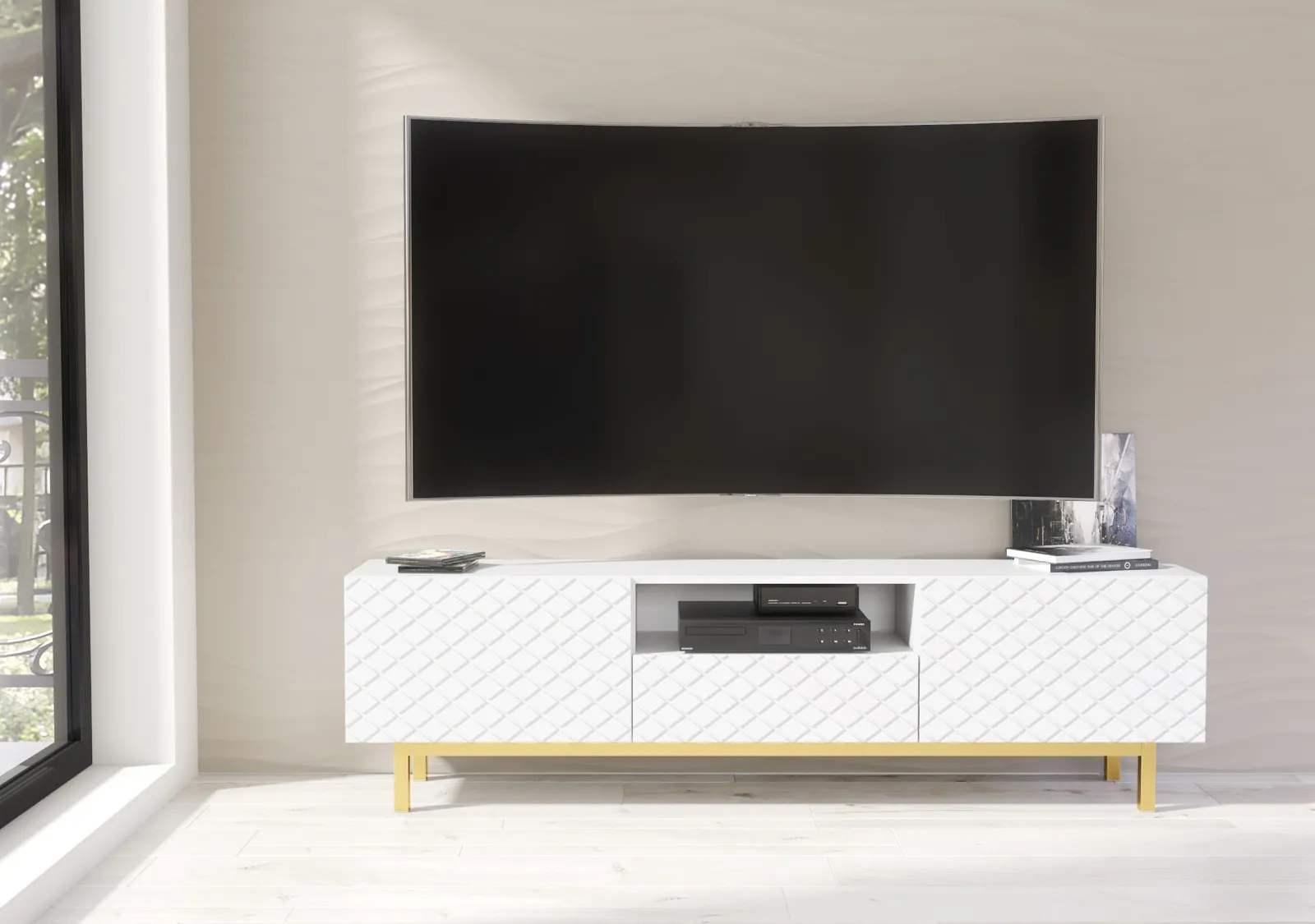 Creative Furniture Diamond Luxe TV Unit 180cm - Luxury Cabinet with Push to Open Storage in White 5