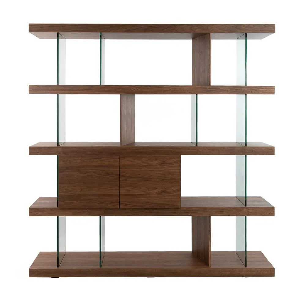Angel Cerda Walnut Veneer Bookcase with Tempered Glass Sides in Brown 2
