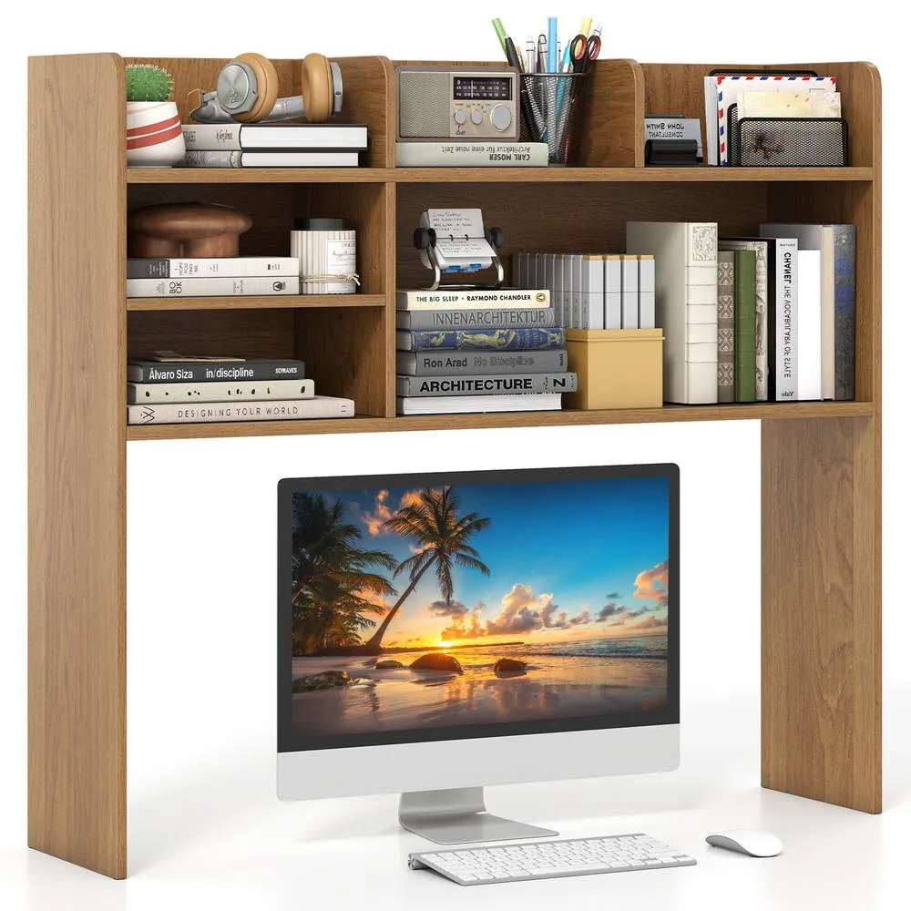 Costway Desktop Bookshelf Desk Hutch Shelf for Computer Monitor in Natural