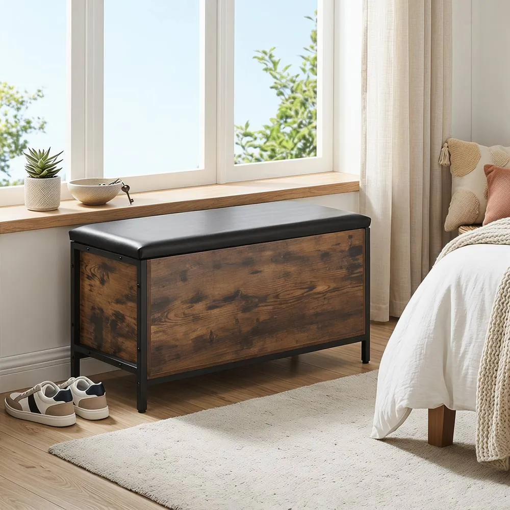 Costway Storage Chest Industrial Shoe Bench with Faux Leather Padded Seat in Brown 5