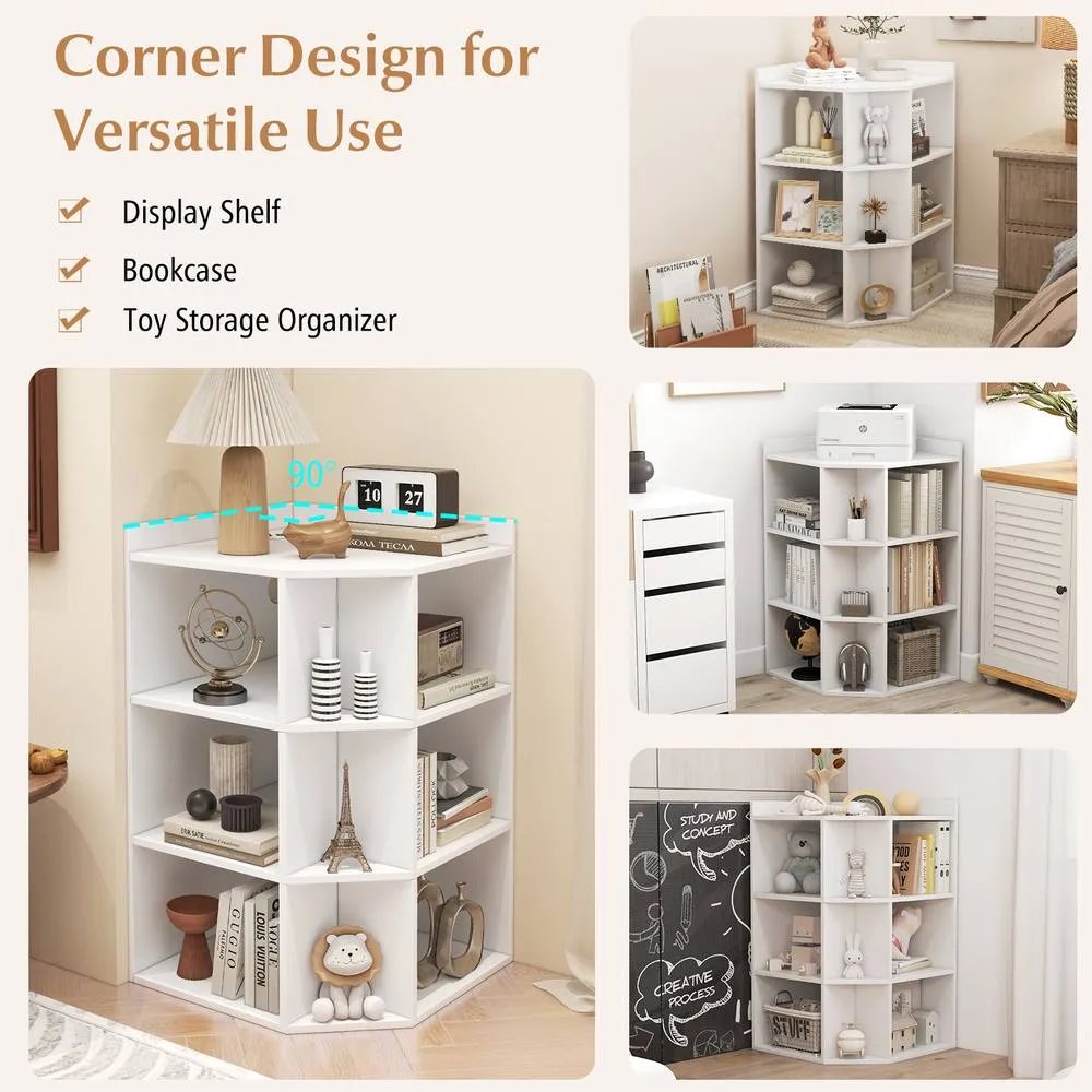 Costway 4-Tier Wooden Corner Bookcase 9 Cubbies Bookshelf w/ Charging Station in White 5