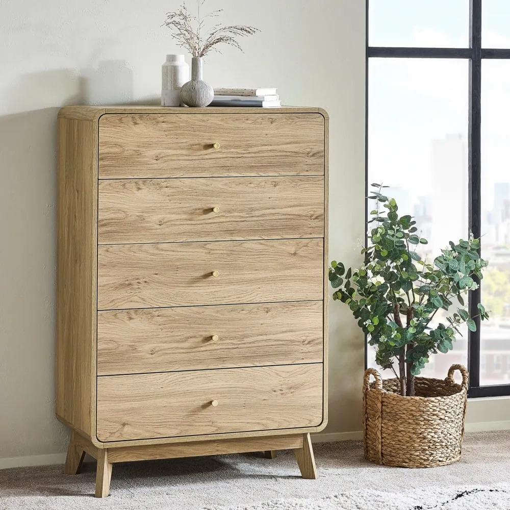 Ingrid - 5 Drawer Chest of Drawers - Light Oak - Wooden - Happy Beds 1