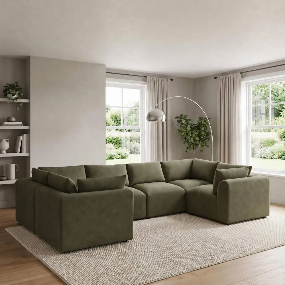 FurnitureboxUK Drift Boucle Fabric 5 Seater U-Shaped Modular Corner Sofa in Green