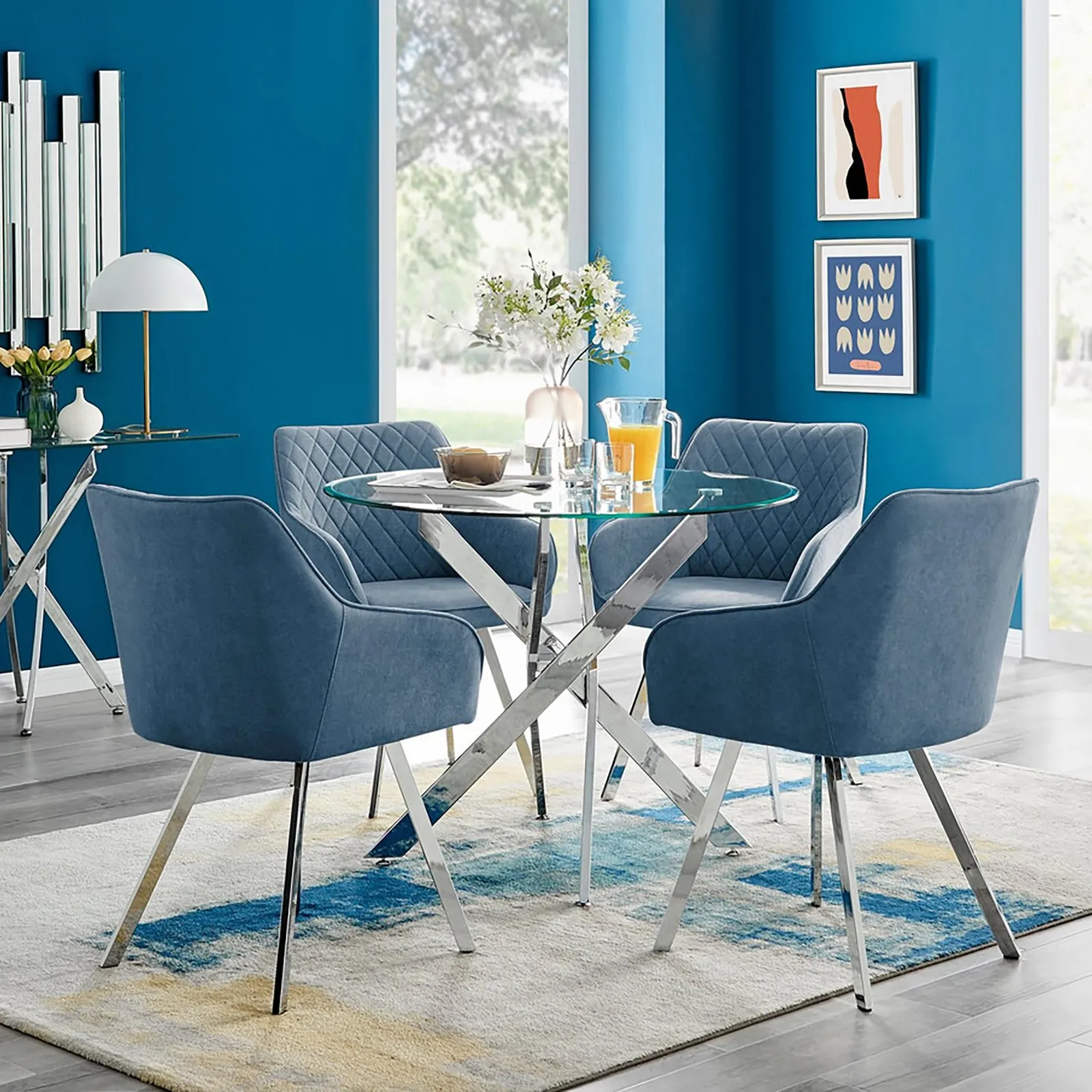 FurnitureboxUK Novara Round Glass Dining Table & 4 Falun Silver Leg Chairs in Blue 1