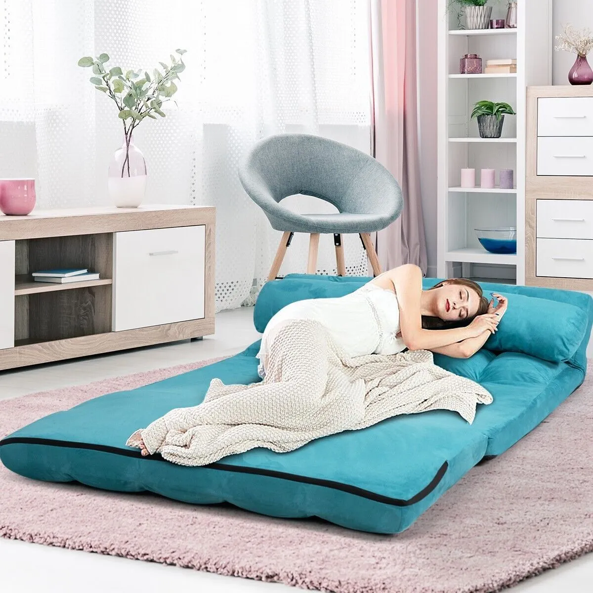 Costway 3 IN 1 Folding Lazy Sofa Bed Floor Sleeper Seat 6-Position Adjustable 2 Pillows in Blue 5