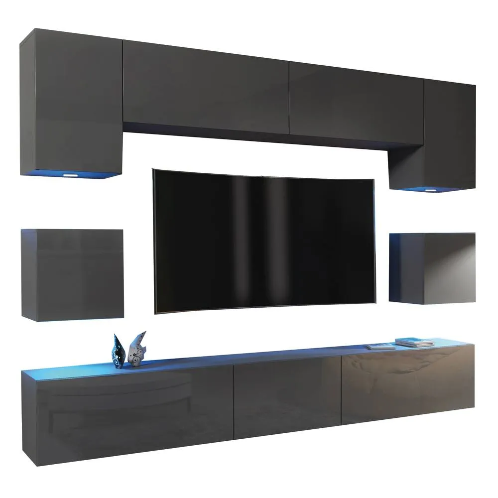 Creative Furniture Panorama Wall TV Unit - Dark Grey with Gloss Doors & LED Lights 6