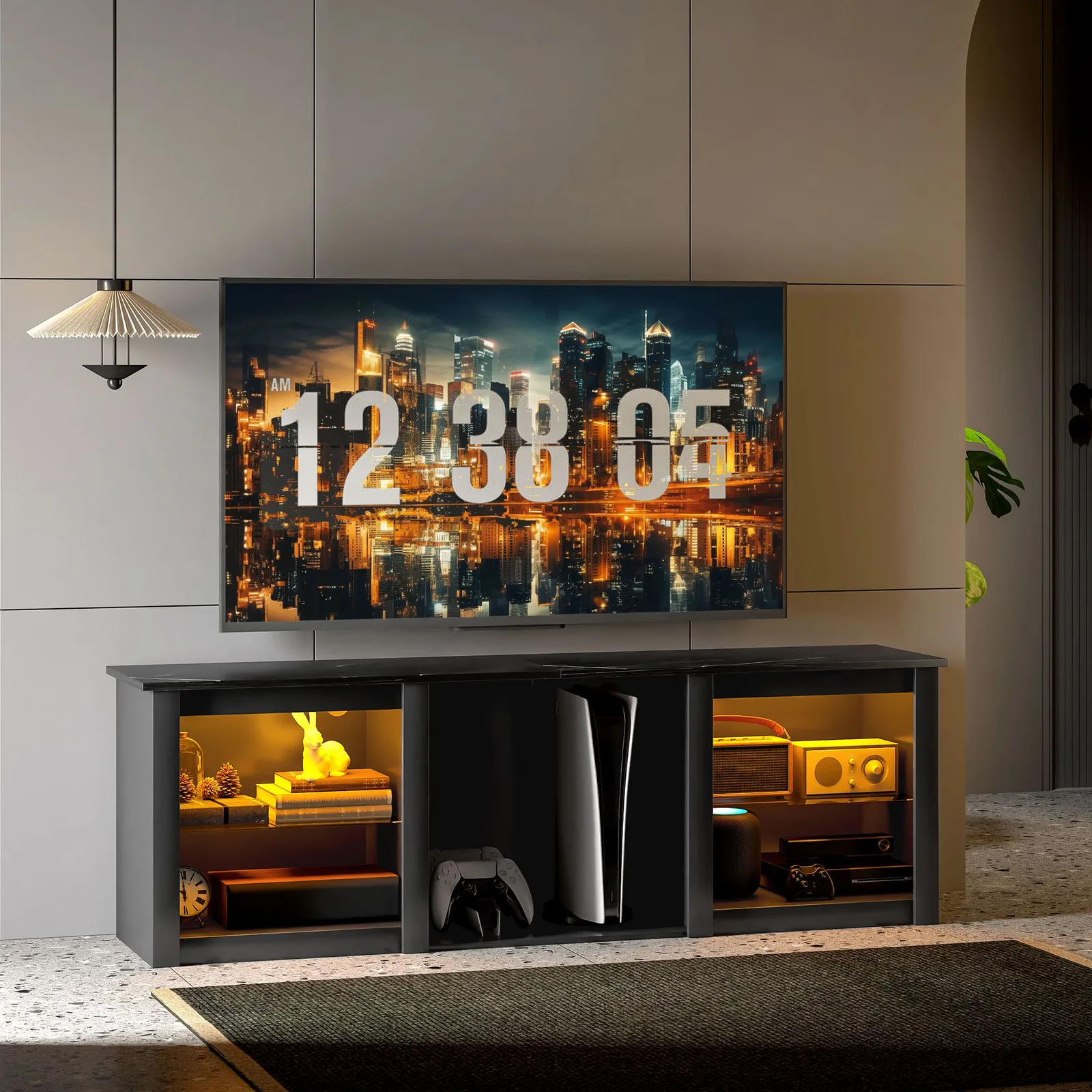HOMCOM 160cm TV Unit w/ LED Lights for 70" TV Modern TV Stand Cabinet Black