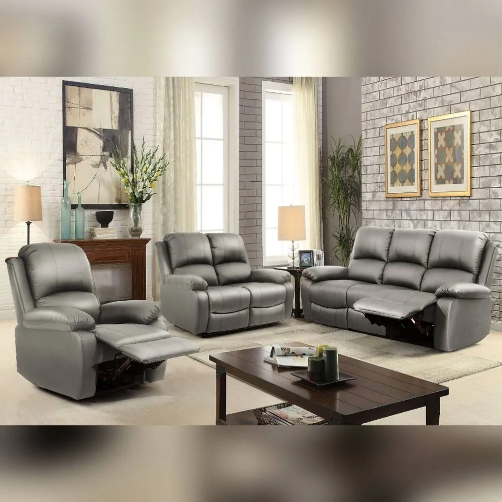 Comfy Living Ltd Bonded Leather Reclining Sofa Set 3 Seater 2 Seater & Chair in Light Grey