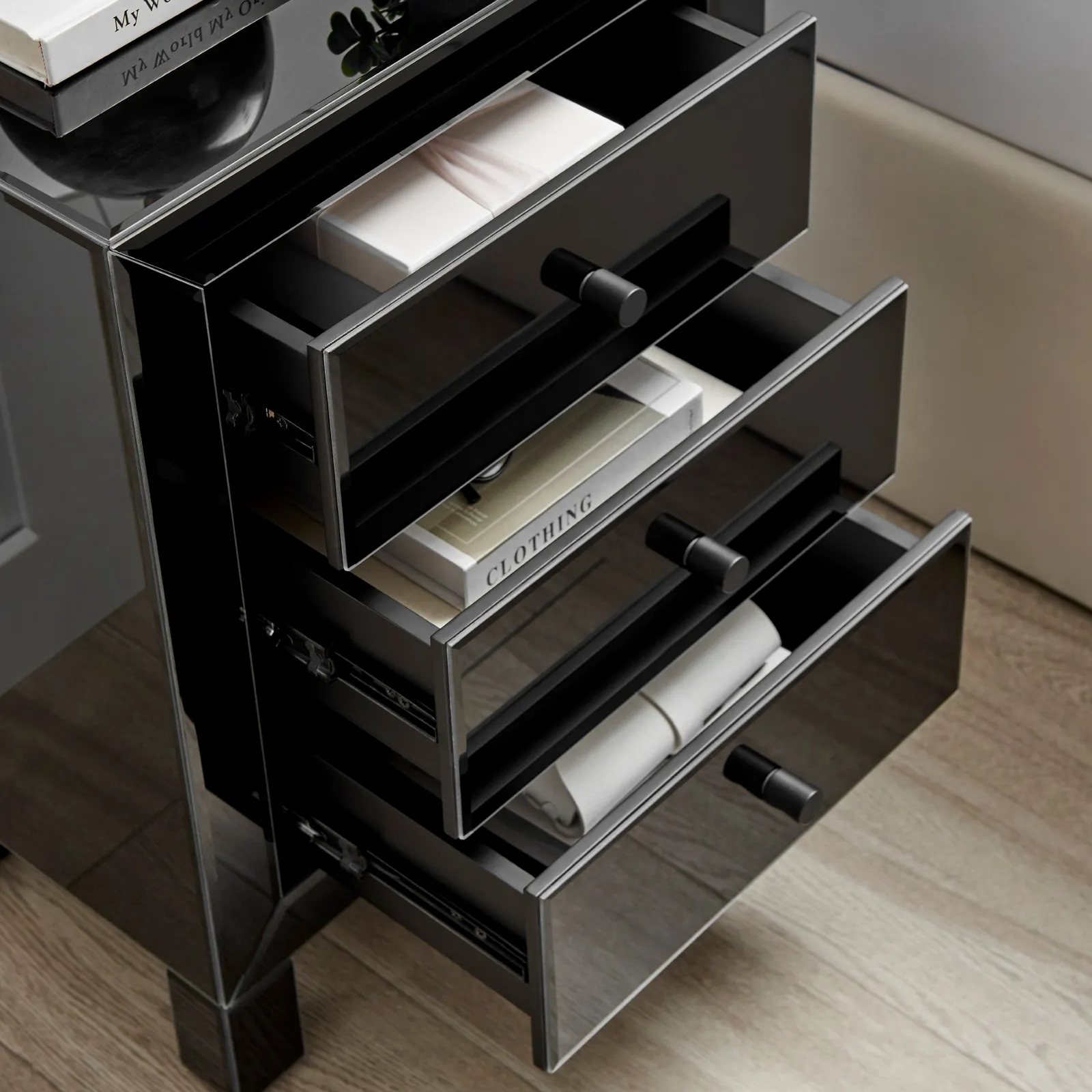 FurnitureboxUK Lexi Large Wooden Bedside Table with 3 Drawers & a Modern Mirrored Finish in Black 4