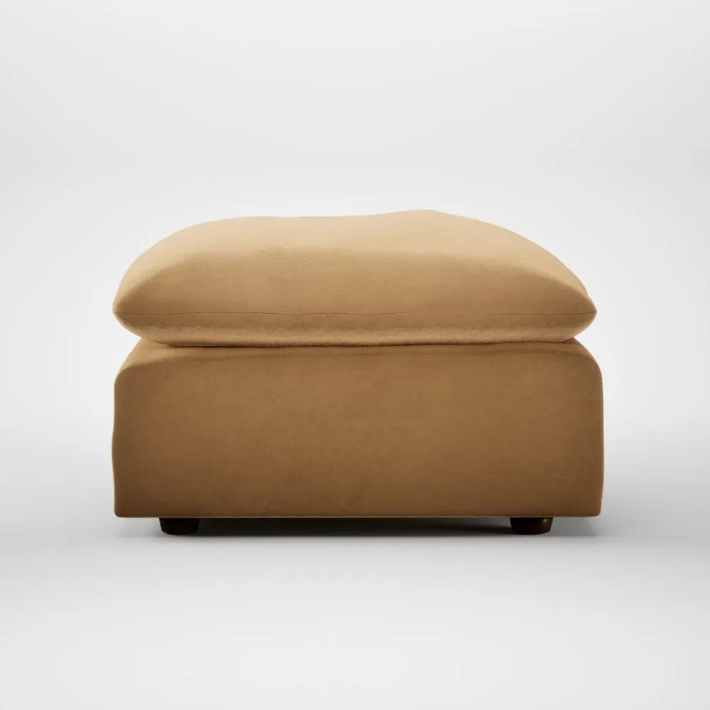 Heal's Astrid Ottoman Feather Wool Velvet Camel Walnut Stained Feet 2
