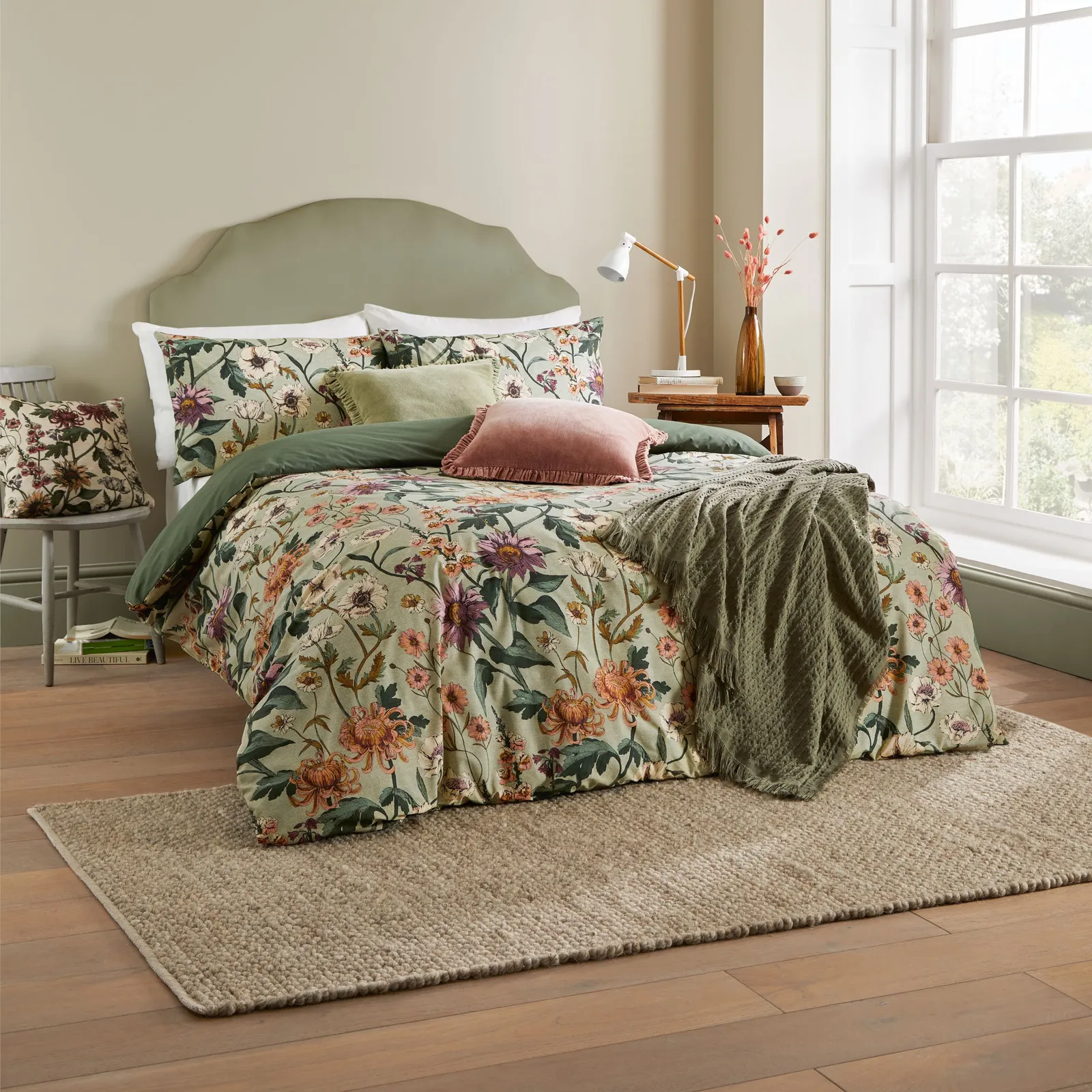 Wylder Nature Wallflower Slub Cotton Floral Duvet Cover Set in Green
