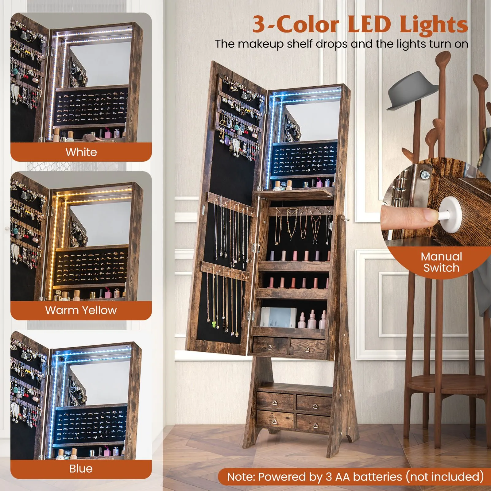 Costway Jewelry Cabinet 3-color LED Lighted Jewelry Organizer Armoire in Brown 5