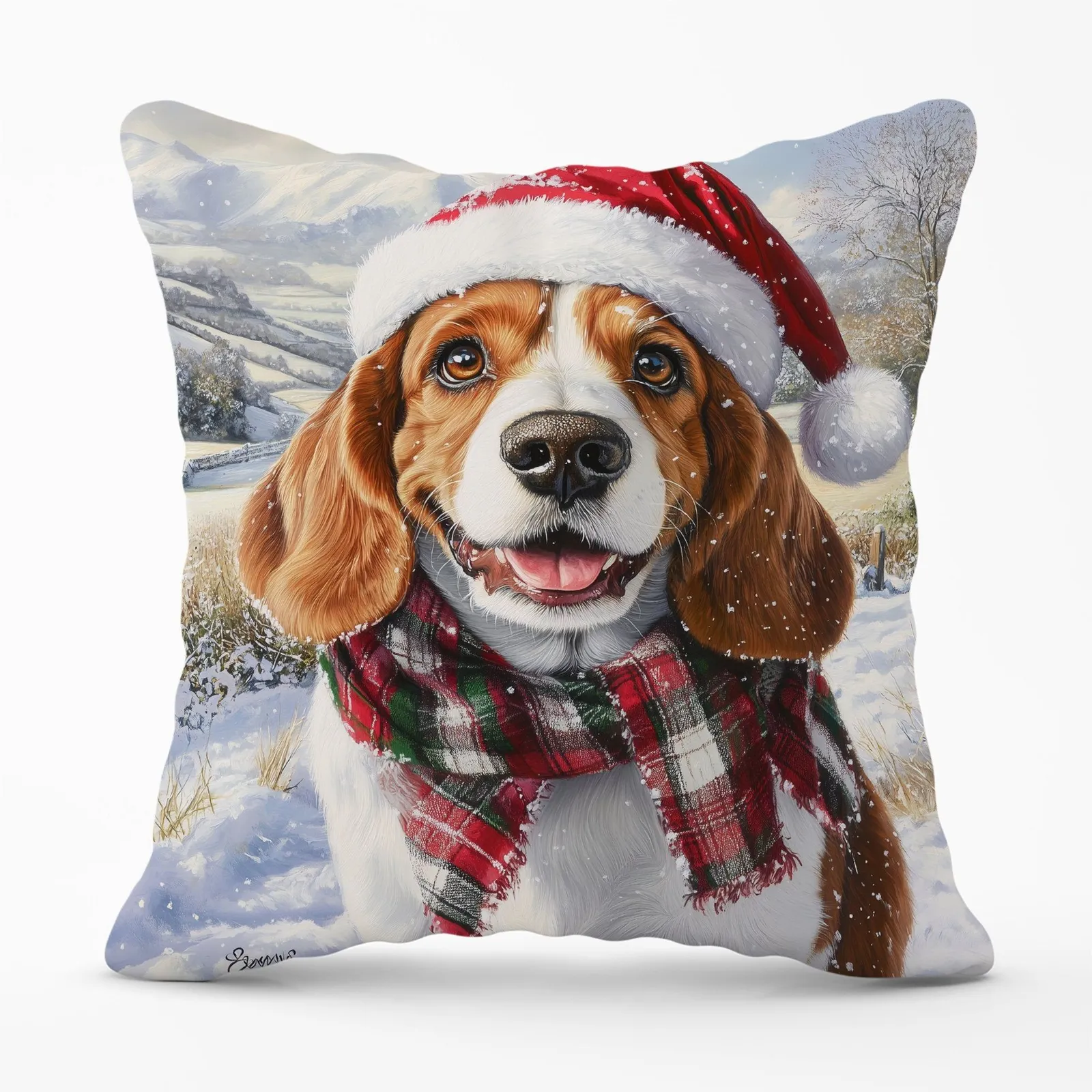 Warren Reed - Designer Christmas Bassett Hound Cushion in Brown