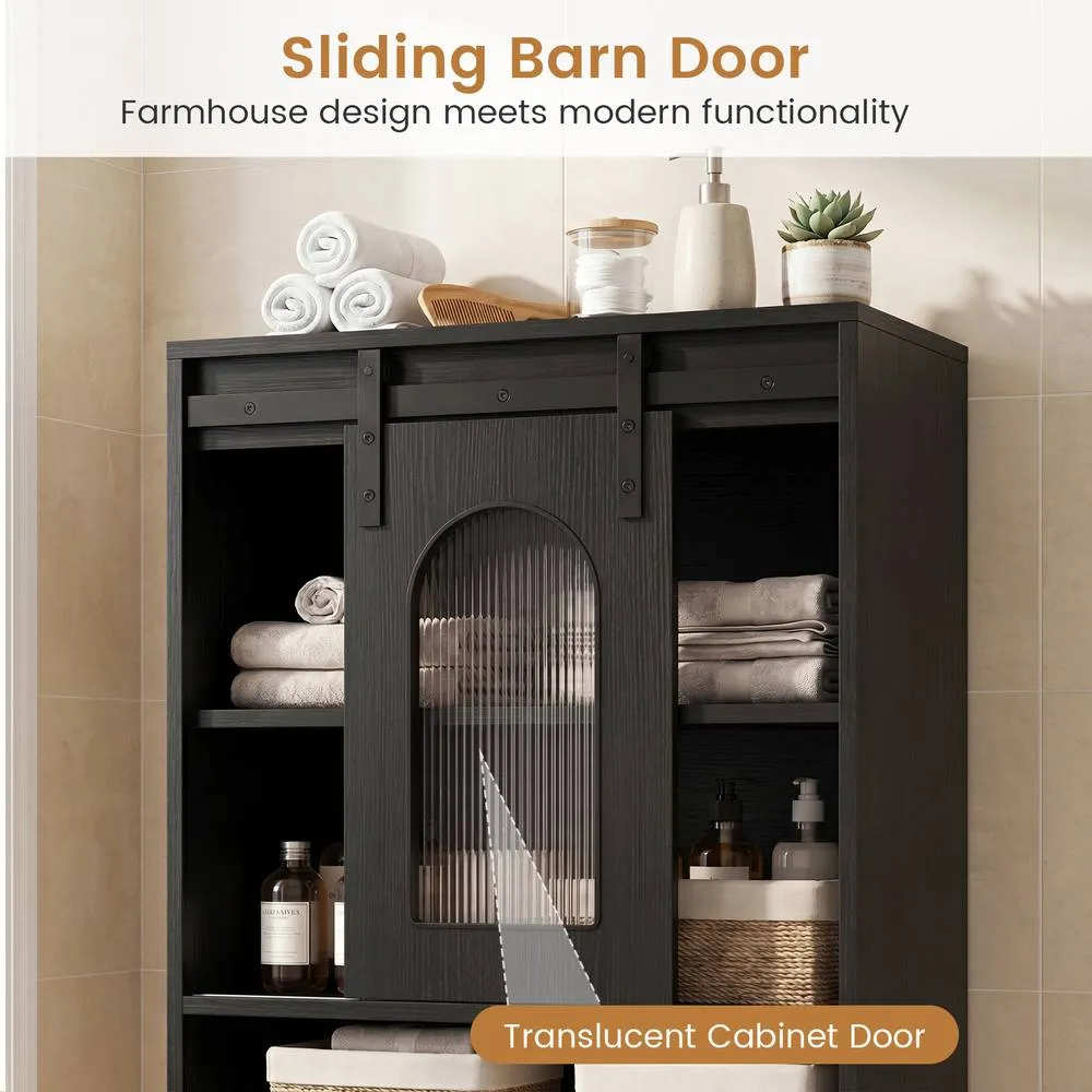 Costway Farmhouse Bathroom Floor Cabinet Sliding Barn Door Shelves in Black 6