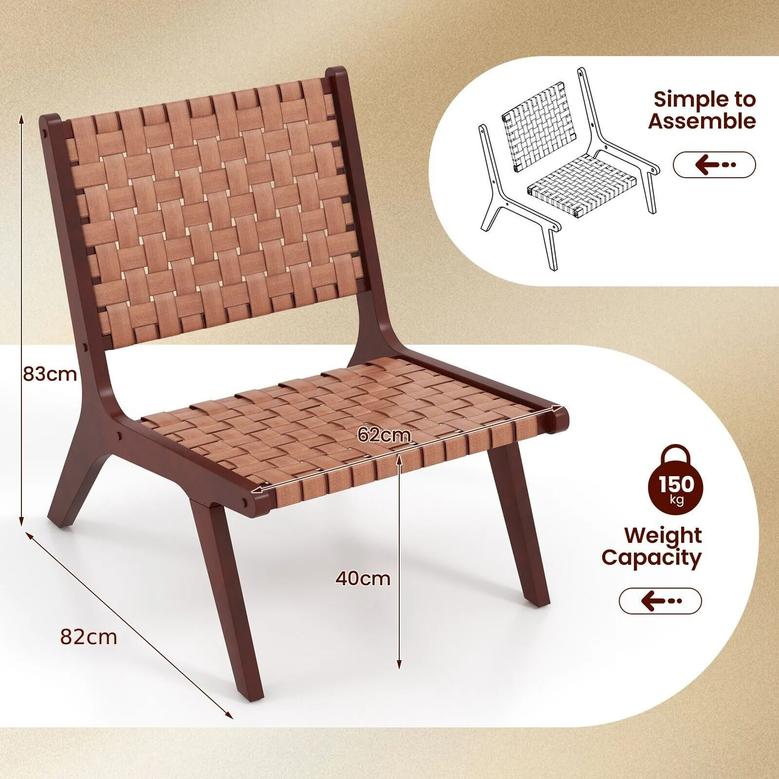Costway Set of 2 Modern Woven Leather Accent Chair Living Room Lounge Chair W/ Wood Frame in Brown 2
