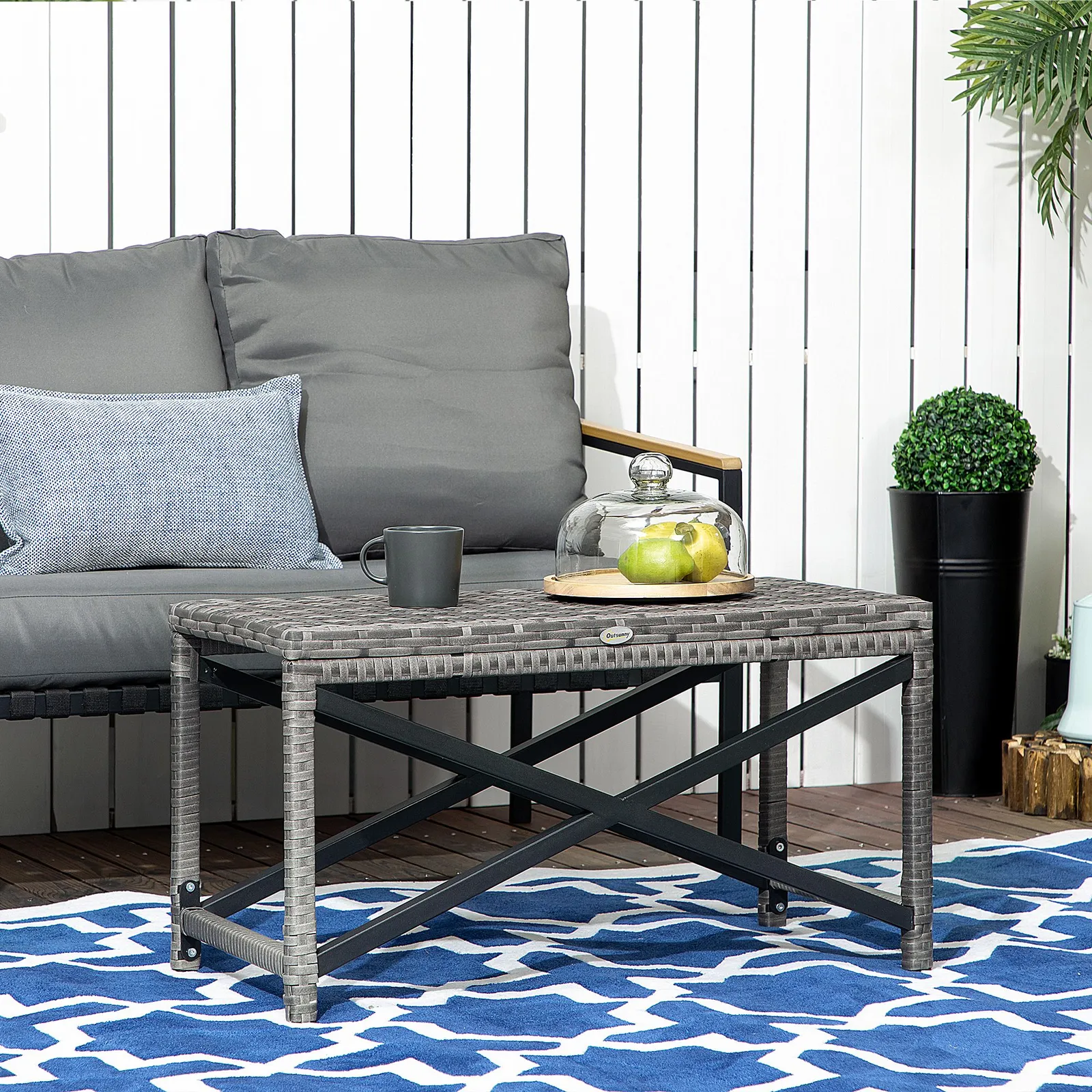 OUTSUNNY Outdoor Coffee Table, PE Rattan Side Table w/ Plastic Board in Grey
