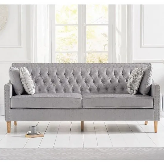 Ballark Fabric 3 Seater Sofa In Grey Plush And Natural Ash Legs
