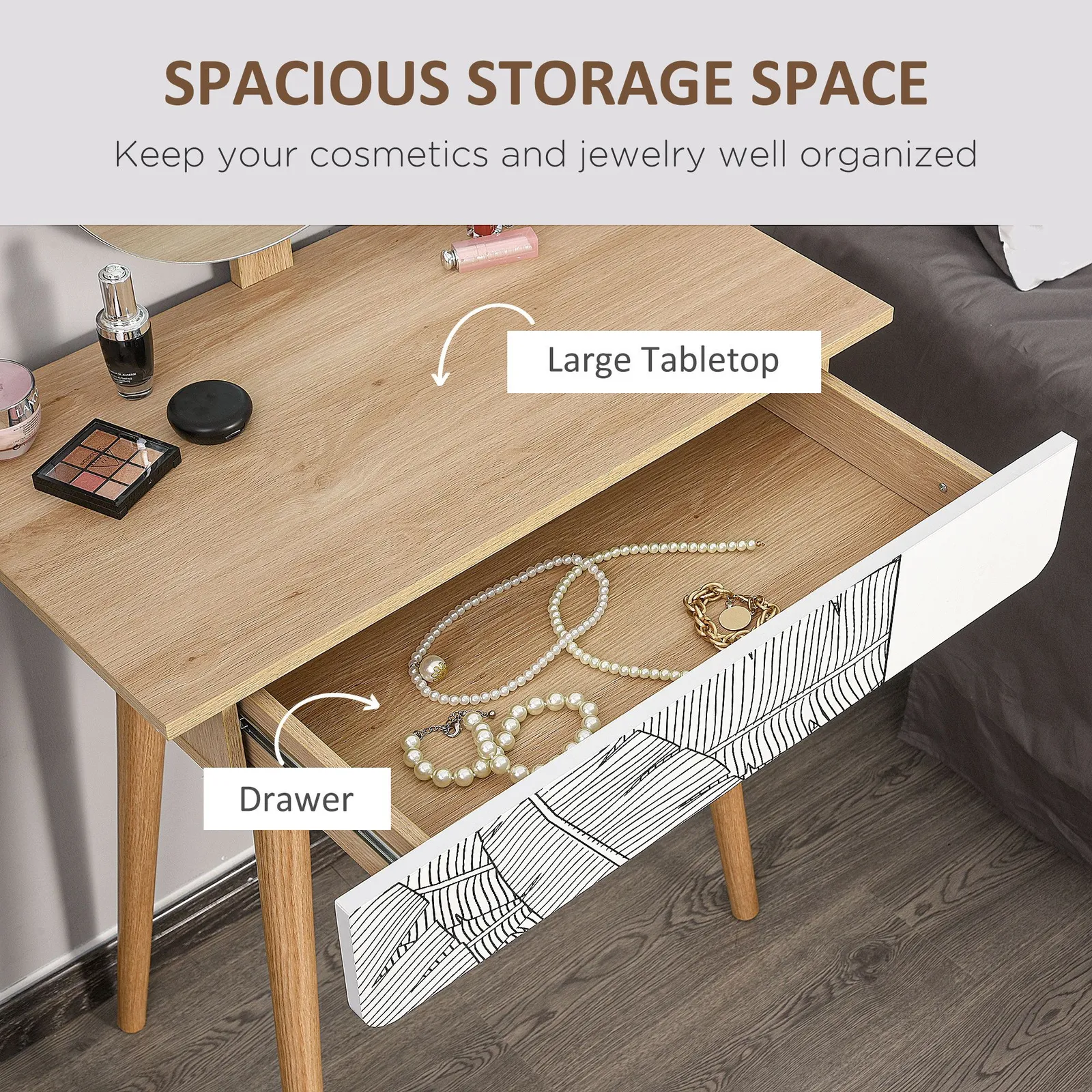 HOMCOM Wooden Compact Dressing Table Drawer Mirror 4 Legs Table Top Bedroom in Light Brown 5