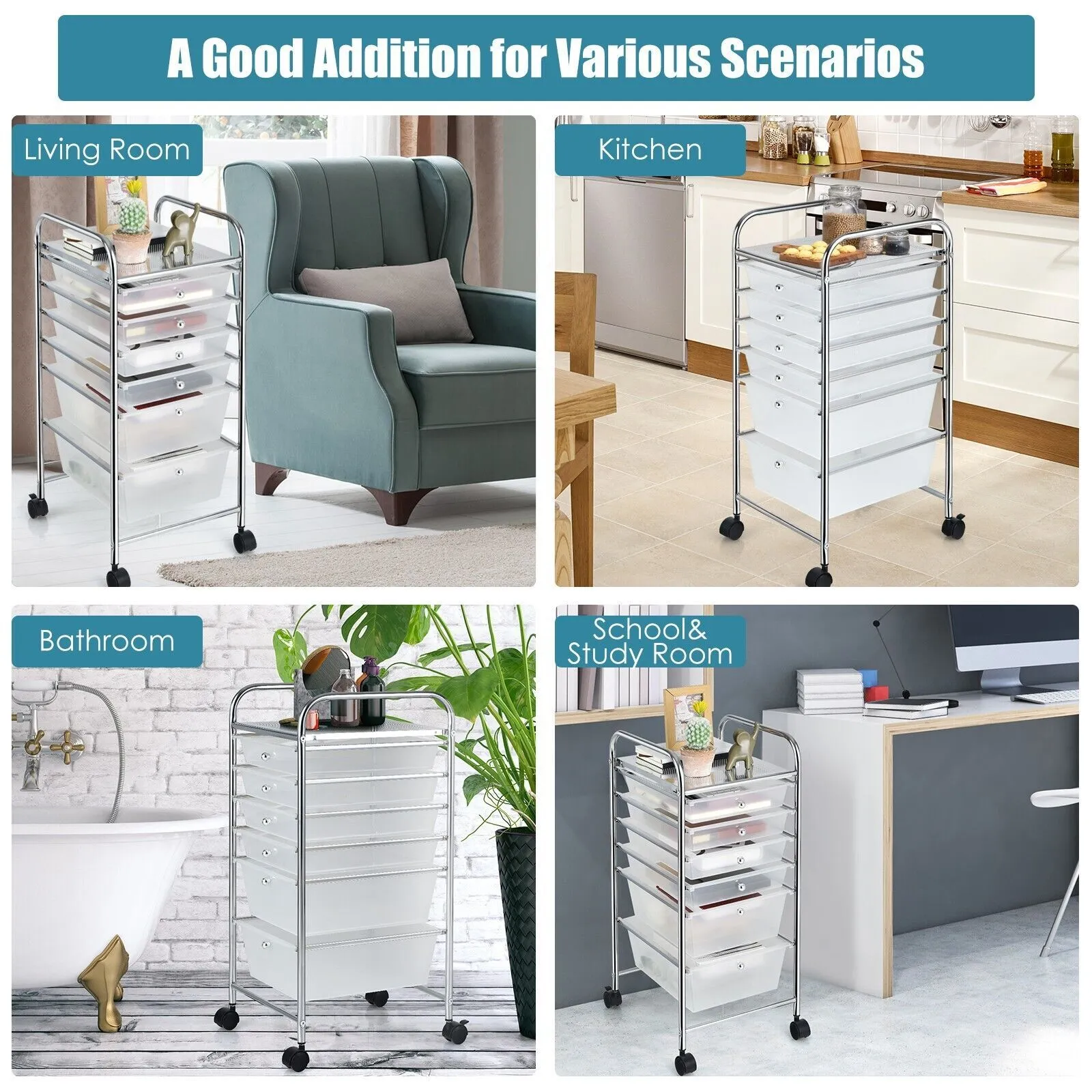 Costway 6 Drawer Organizer Cart Multipurpose Mobile Rolling Utility Storage in Clear 6
