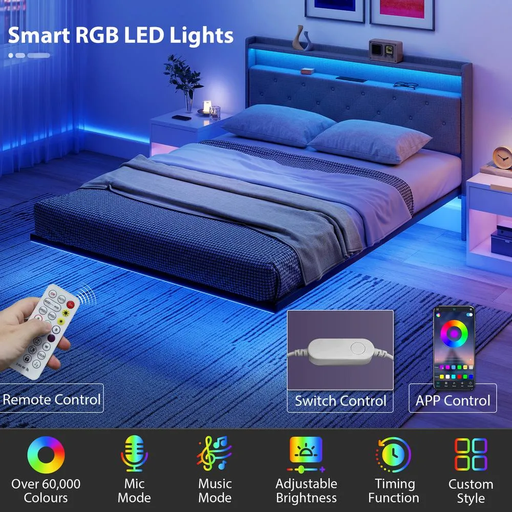 HOMCOM Floating Bed Frame with RGB Lights, Upholstered Bed Frame, Grey 6