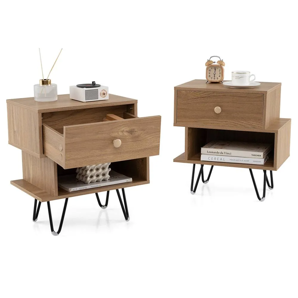 Costway Nightstand Set of 2 Mid Century Modern End Tables with Drawer-Natural in Brown