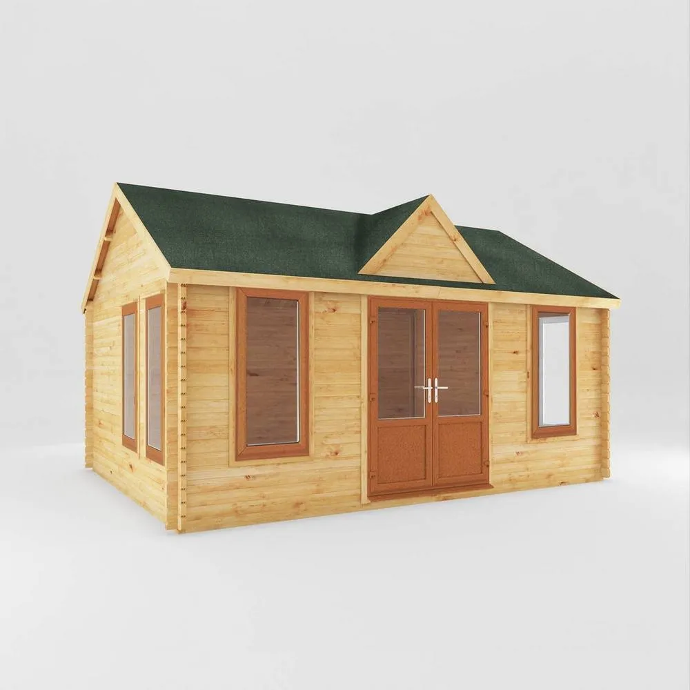Mercia 5.3 x 4 m Clock Tower Log Cabin - 44 mm - Oak UPVC Windows & Door in Light Brown
