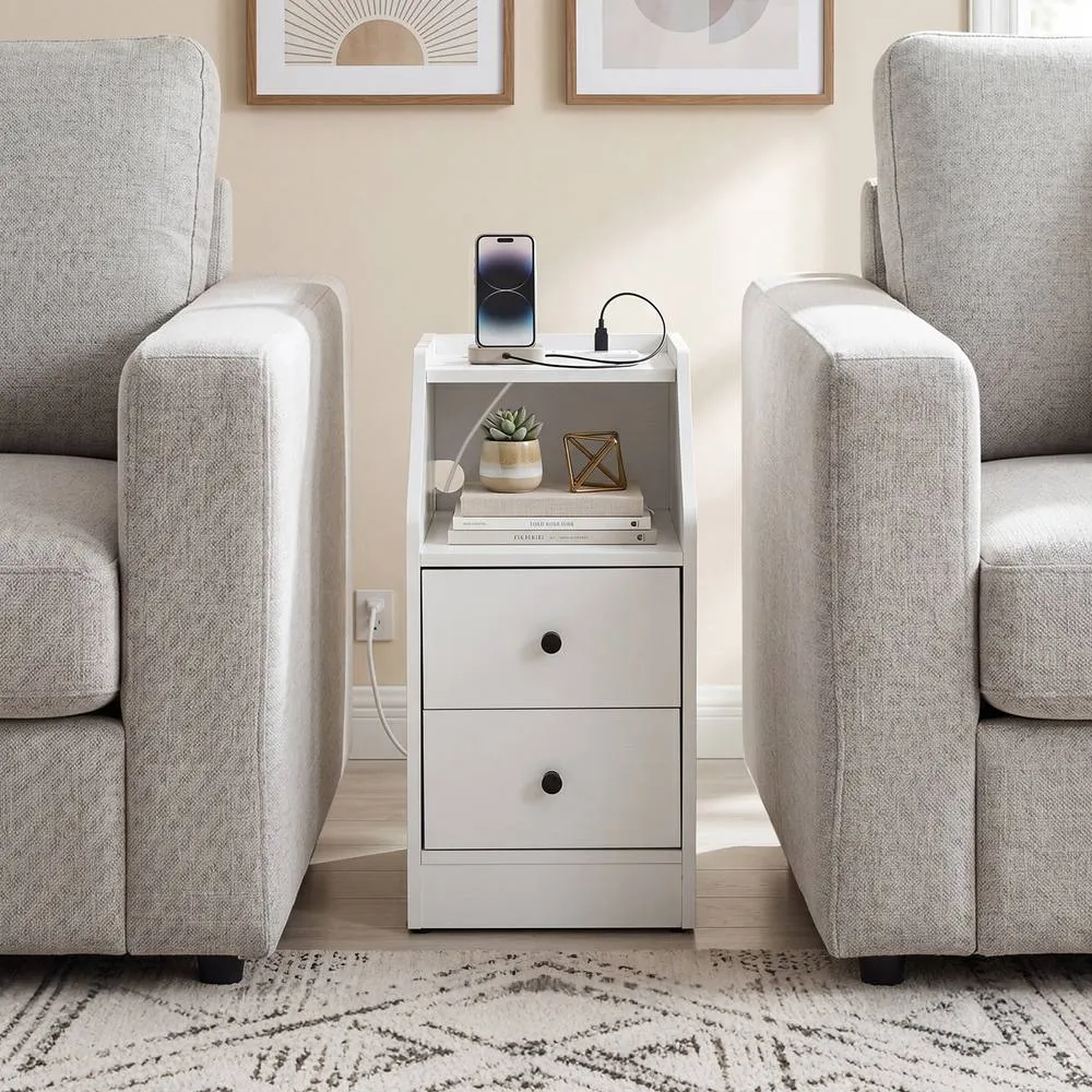Costway Side End Table with Charging Station in White 4