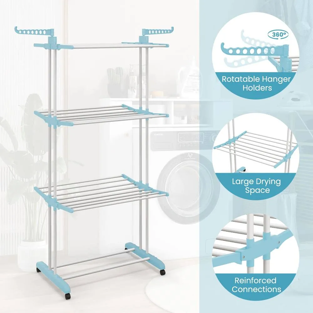 Costway Foldable Clothes Drying Rack Oversized 4-Tier Collapsible Laundry Rack in Blue 2