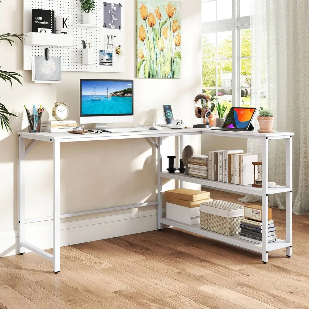 Costway L Shaped Desk Corner Computer Desk Writing Desk w/ Storage Shelves in White 3