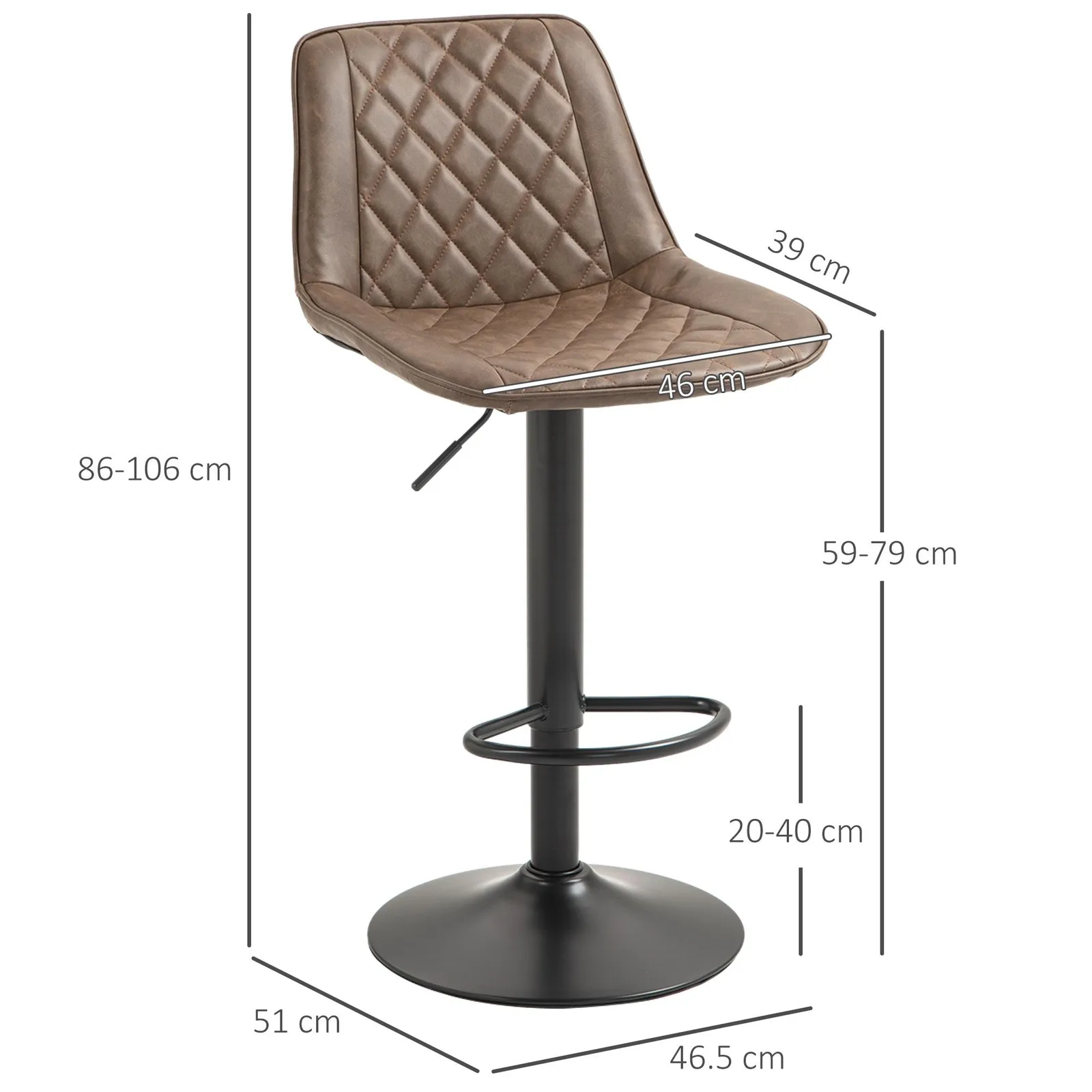 HOMCOM Bar Stools Set of 2, Adjustable Bar Chairs Swivel for Kitchen Brown 3
