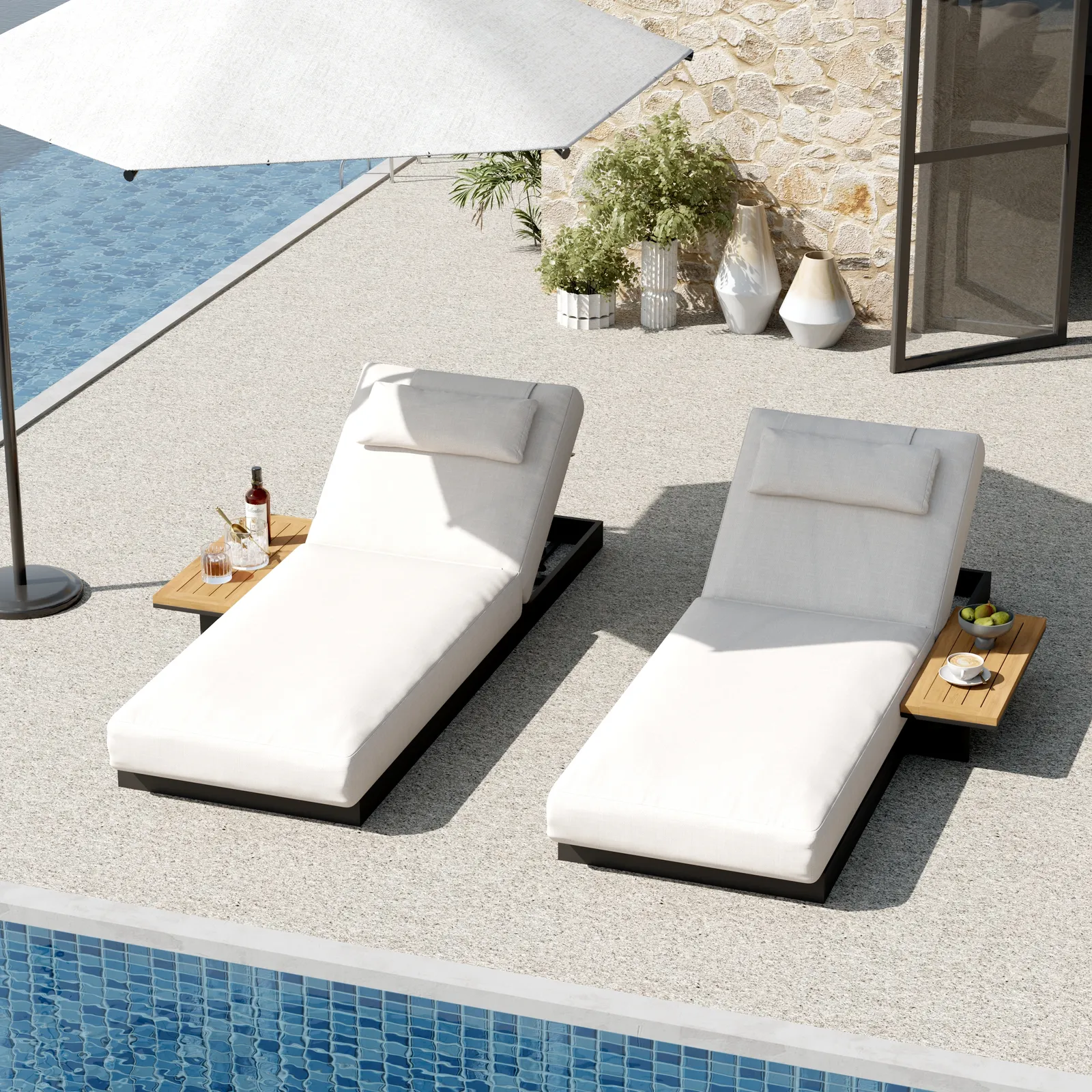 Wood & Aluminium Outdoor Lounger Daybed Modern Yard & Patio Furniture in Beige Cushion & Pillow Included (1999 mm) Set of 2