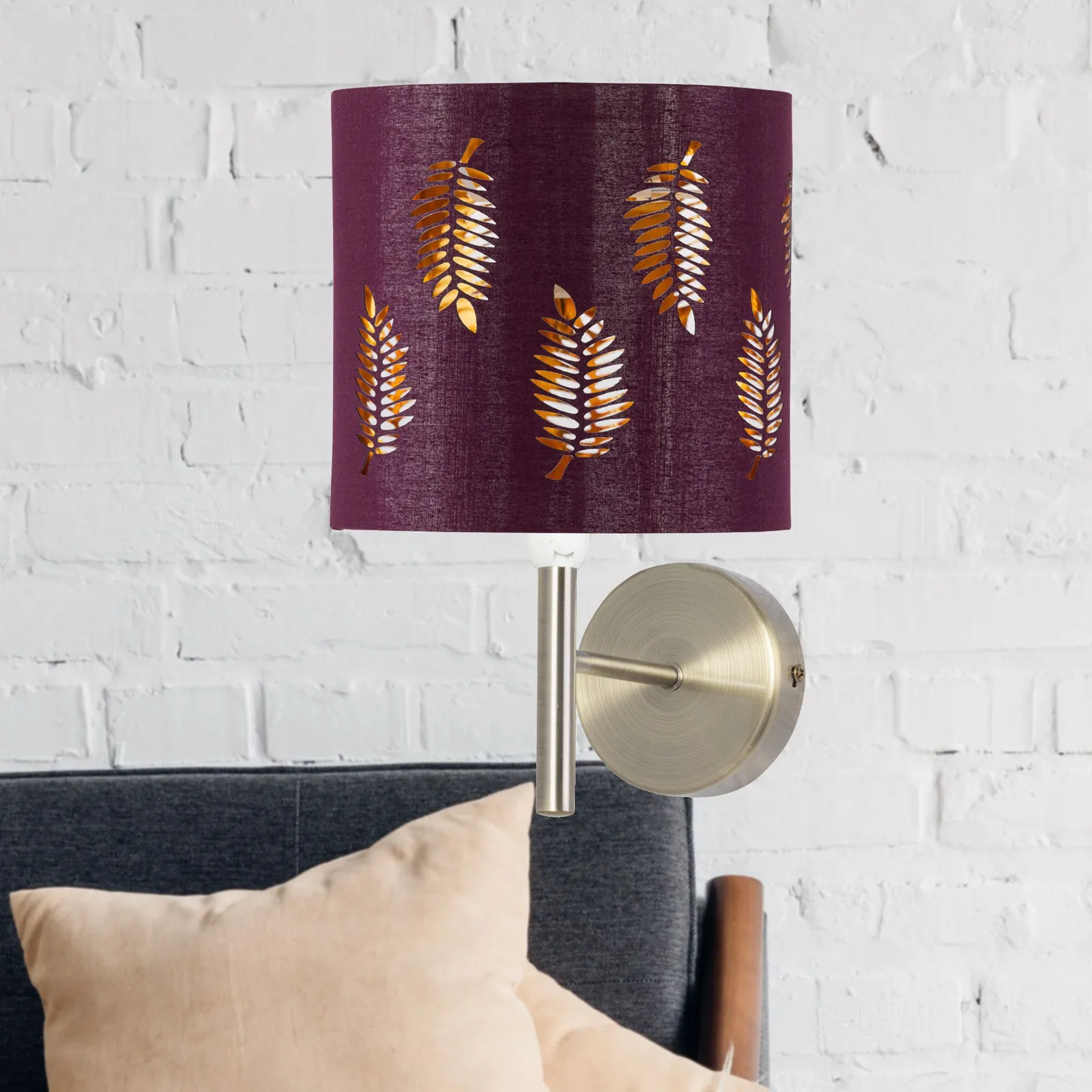 First Choice Lighting Brea - Antique Brass Wall Light with Burgundy Fern Shade in Bronze 3