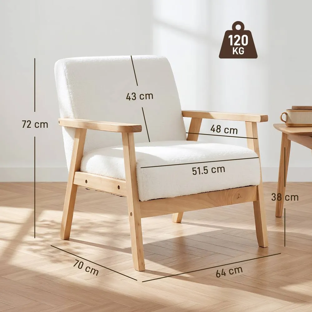 HOMCOM Accent Chair with Wood Frame Wide Seat Sherpa Fleece Armchair Cream in White 3