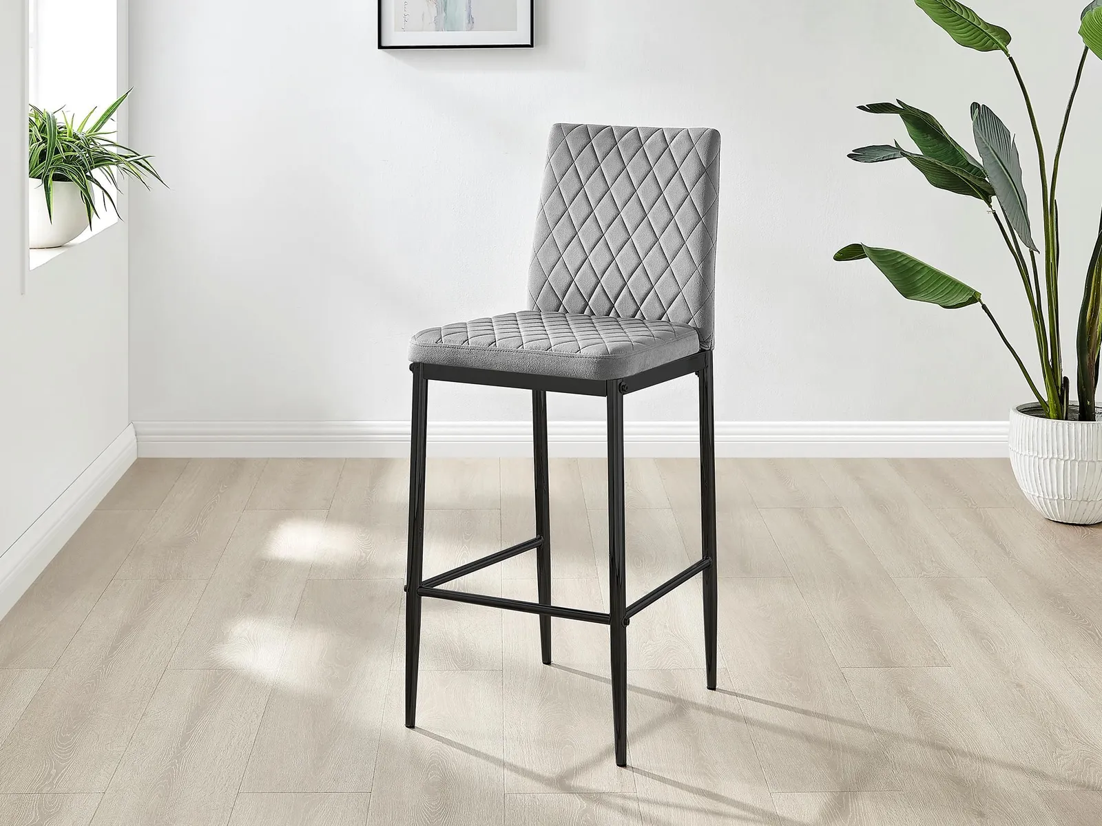 FurnitureboxUK Set of 2 Milan Soft Touch Hatched Velvet Padded Counter Stools With Black Metal Legs in Grey 2