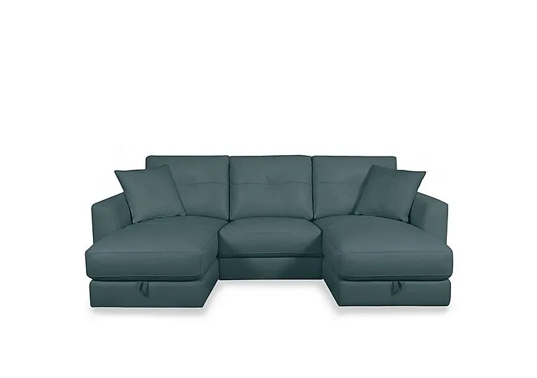 Nest Small NC Leather U-Shaped Corner Sofa with Double Storage Chaises - NC Lake Green