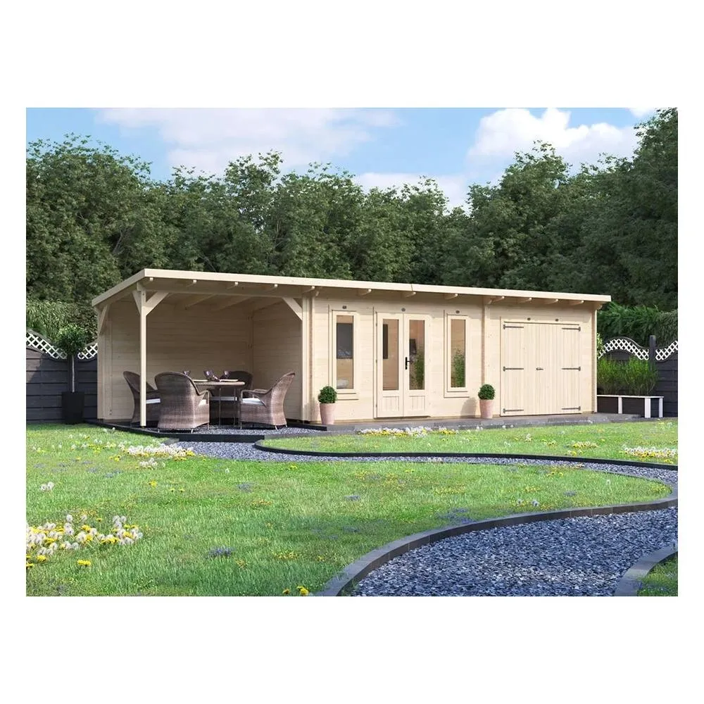 Dunster House Wooden Log Cabin With Gazebo 10m x 2.5m, EvilGenius in Beige 3