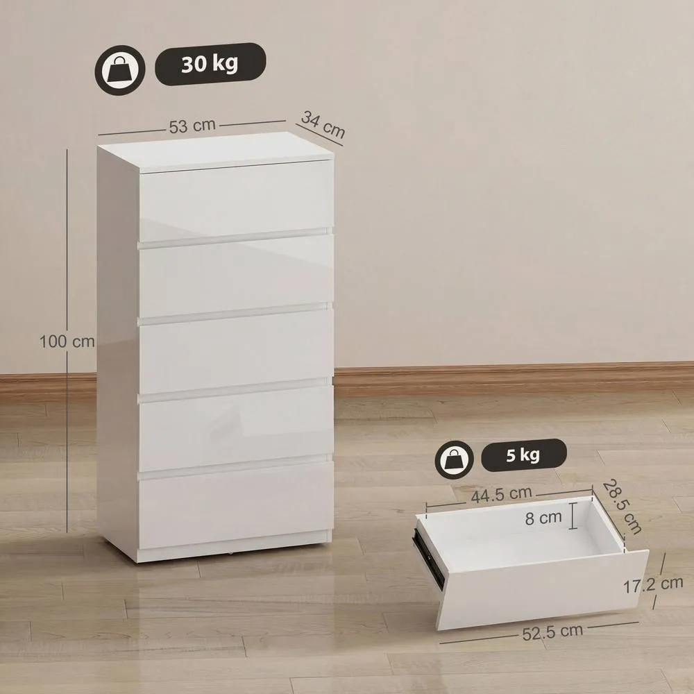 HOMCOM Bedroom Chest of Drawers, 5 Drawers Dresser, Drawer Unit, White 3