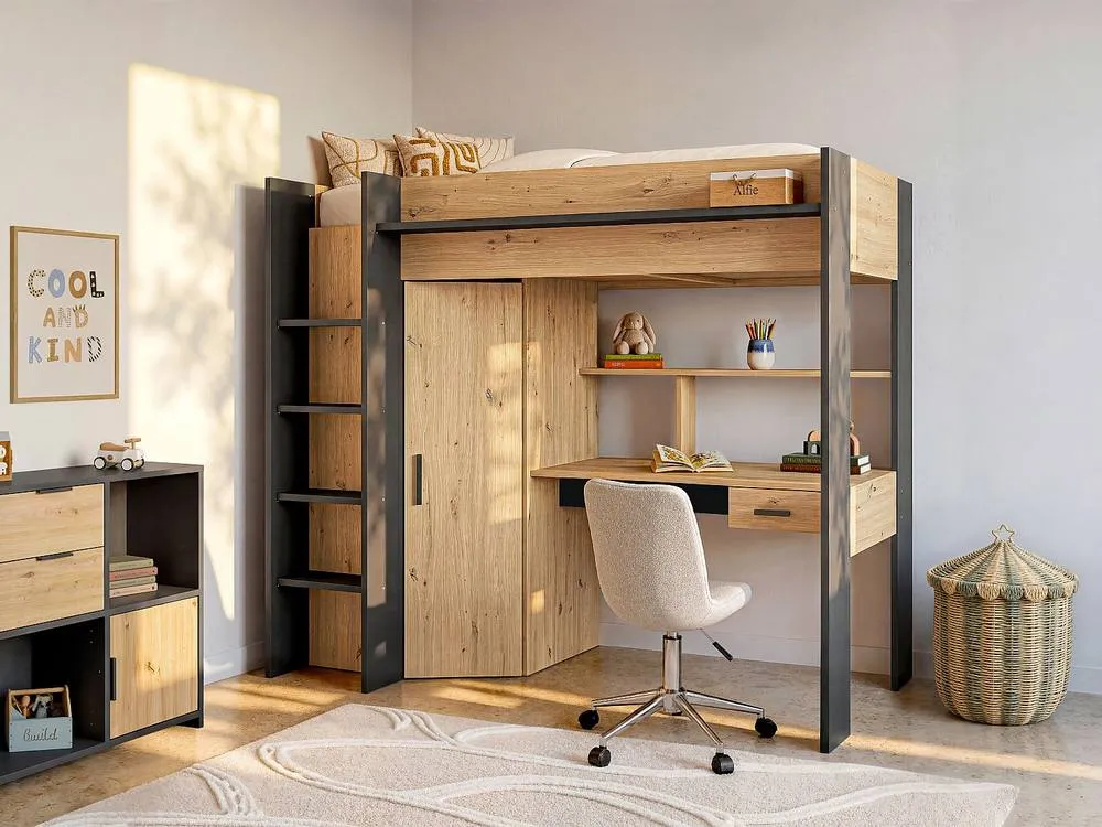 Vente-unique High Sleeper Bed With Desk & Wardrobe - 90 X 200 Cm - Natural and in Grey 3