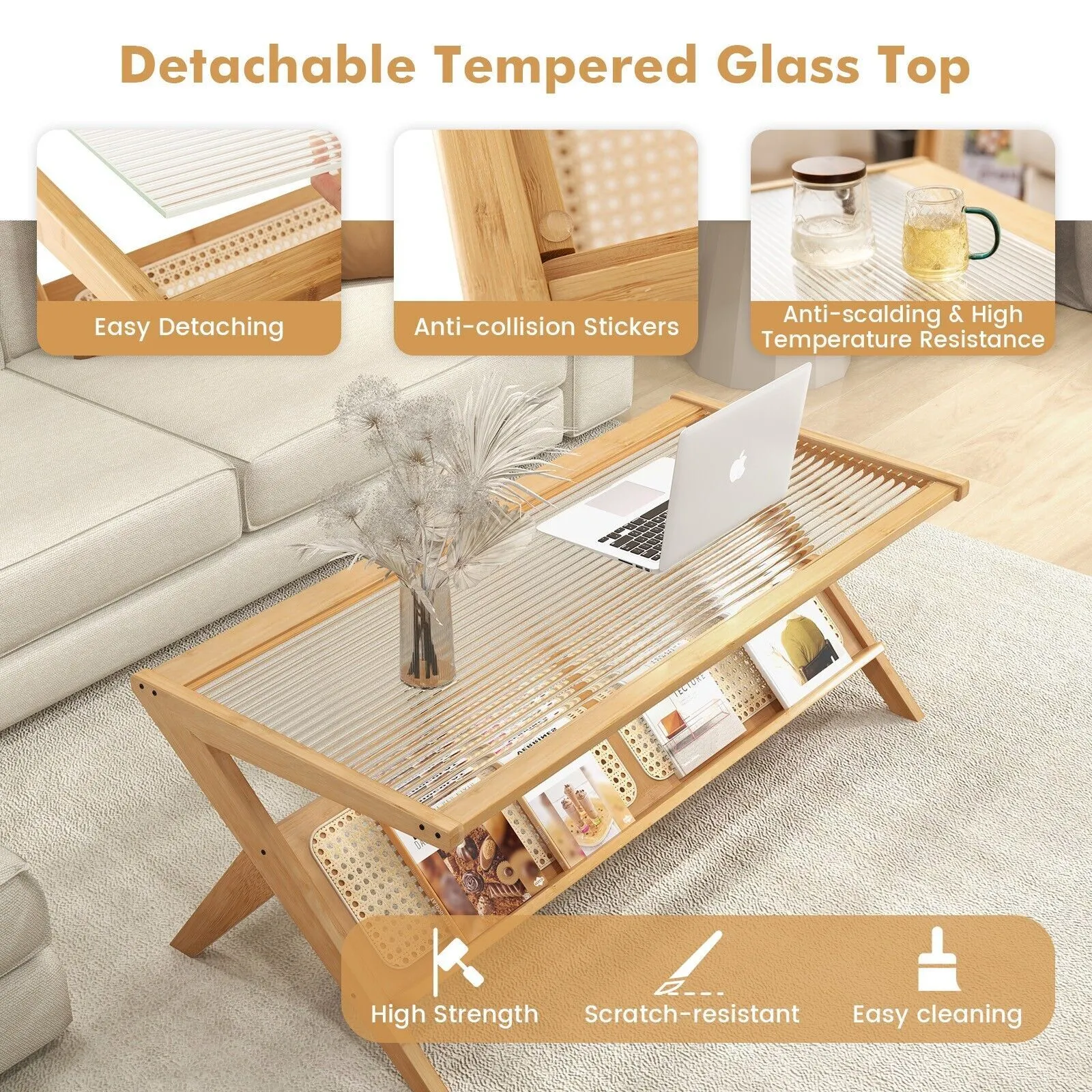 Costway 2-Tier Rectangular Coffee Table Modern Center Bamboo Table with Glass Tabletop in Natural 5