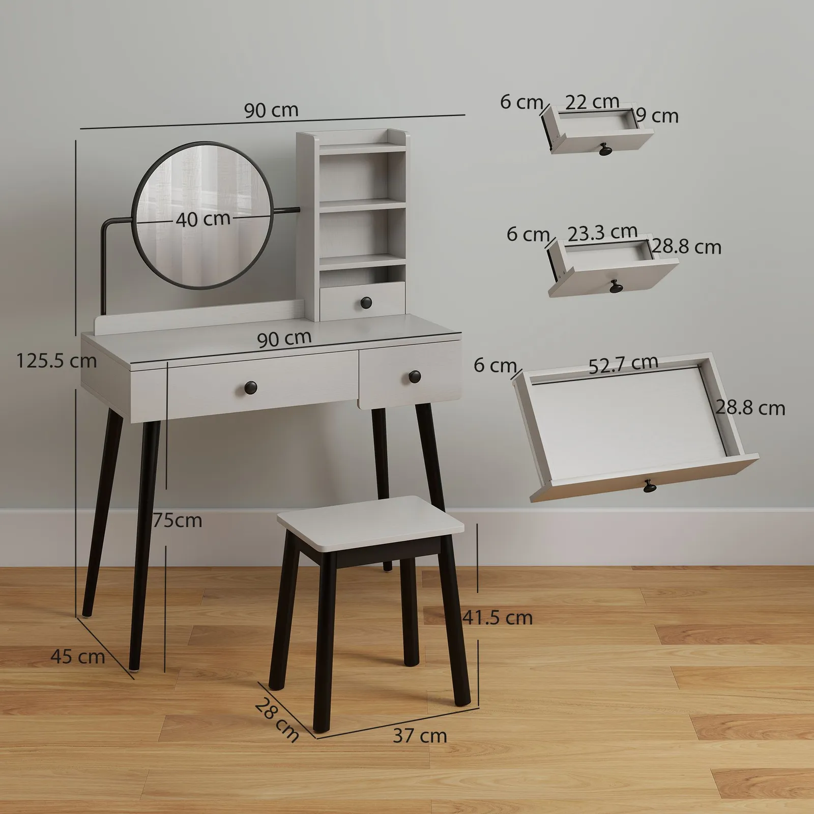 HOMCOM Dressing Table Set with 3 Drawers, Storage shelves & Stool in Grey 3