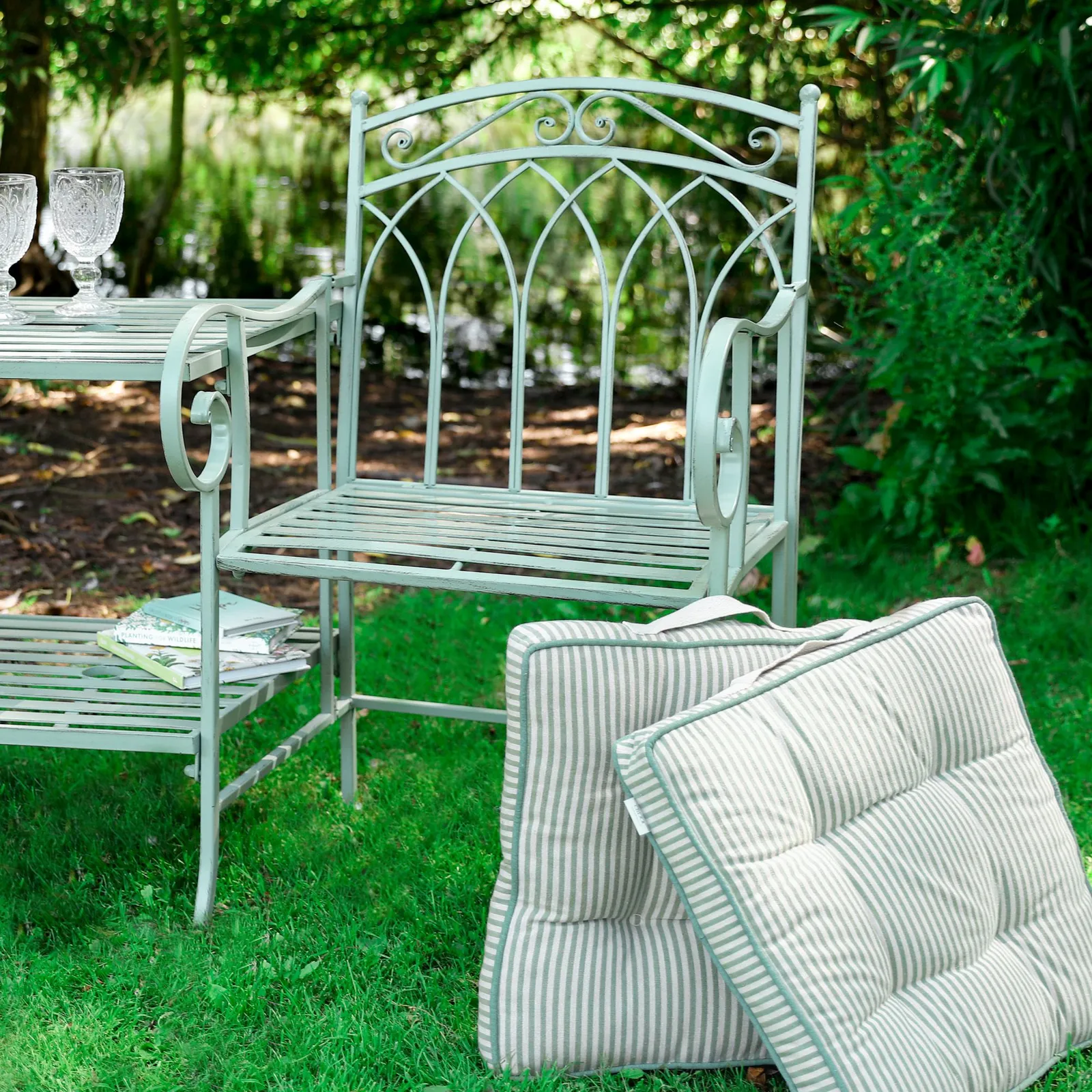 Dibor Vintage Green Arched Outdoor Garden Furniture Companion Seat Garden Bench with Free Set of 2 Grey Seat Pad Cushions 2