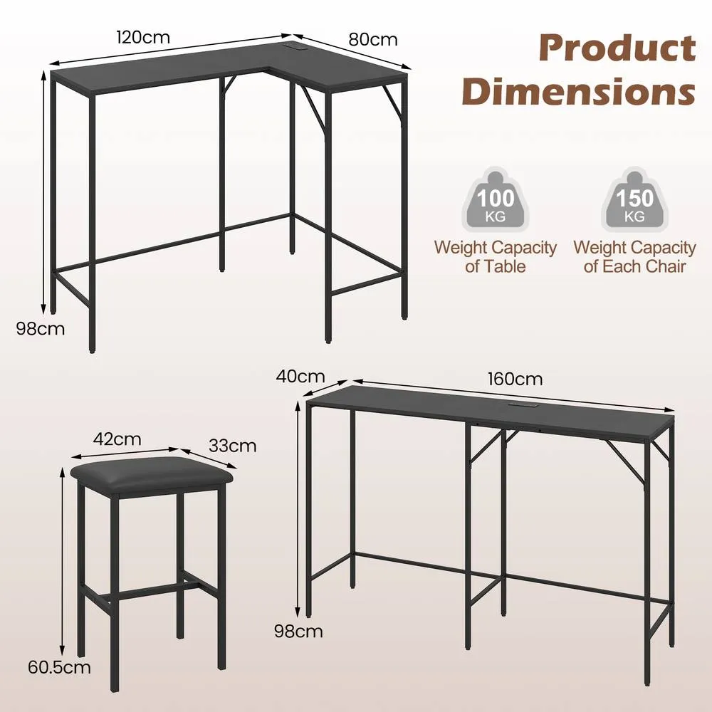 Costway 3-Piece Bar Table & Chair Set L-Shaped Table 2 AC Outlets in Black 2