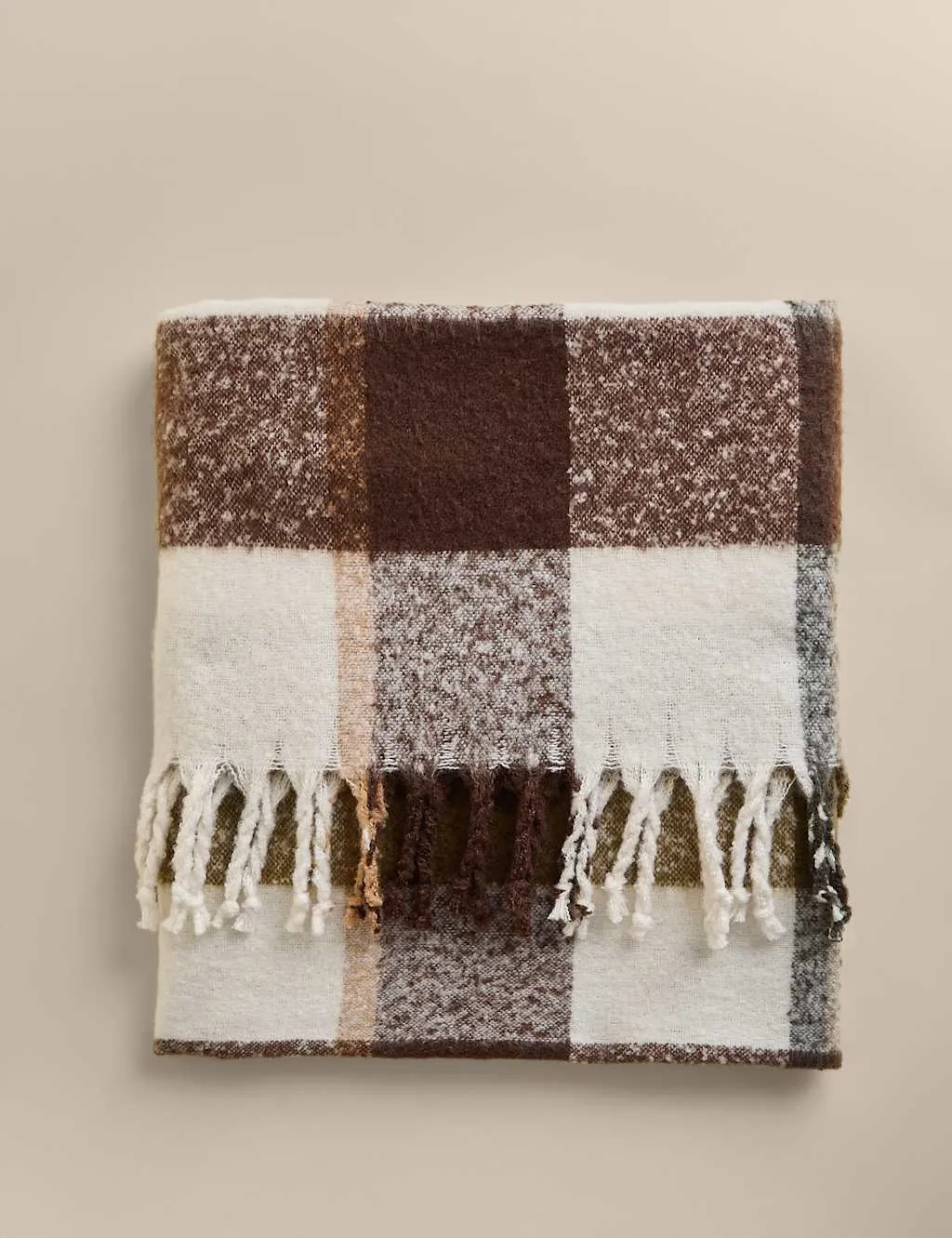M&S Faux Mohair Checked Throw Green