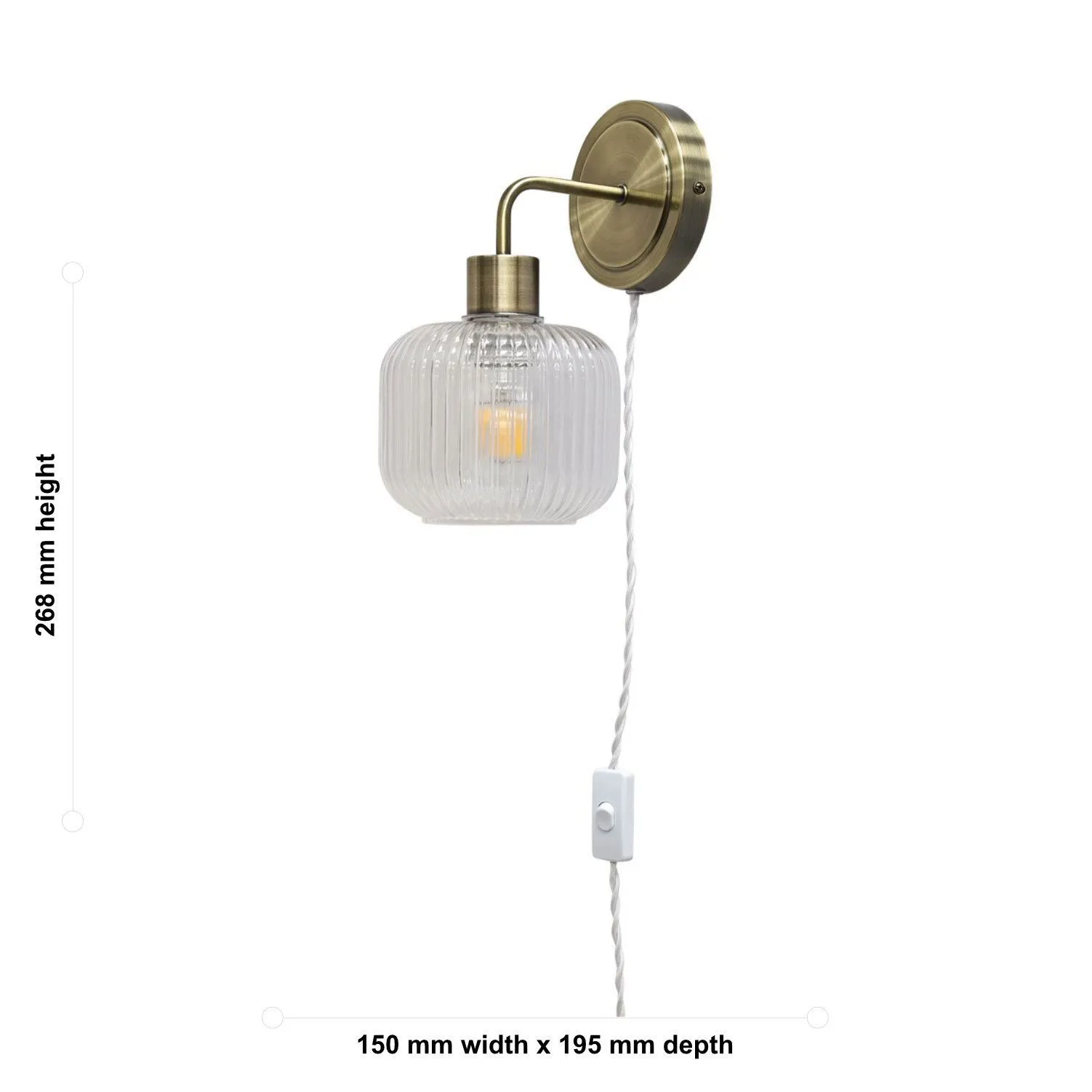 First Choice Lighting Set of 2 Toby - Antique Brass Plug in Wall Lights Ribbed Glass Shades in Gold 6